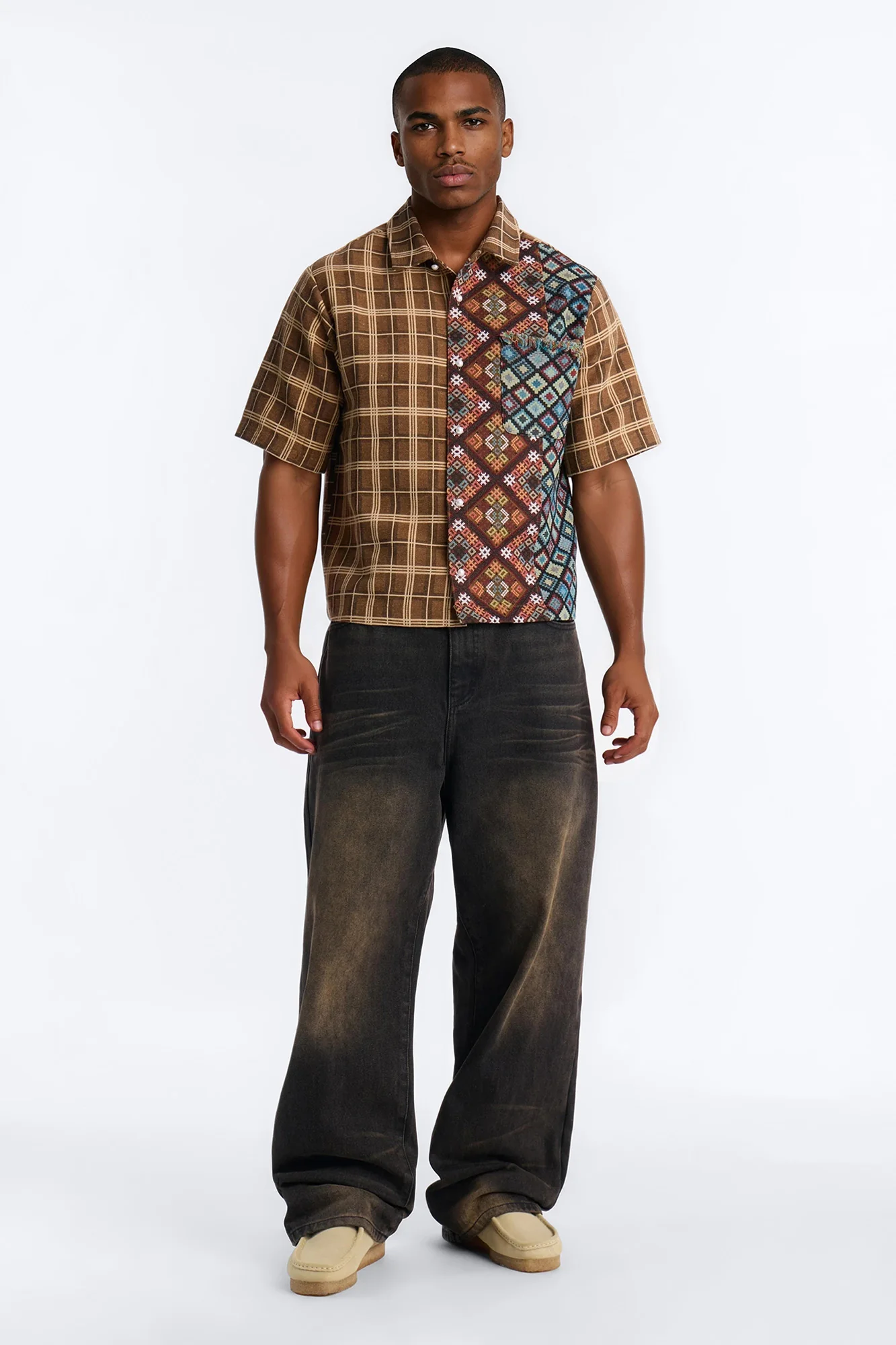 Trippy Mixed Media Button Up Shirt - Brown - Image 2