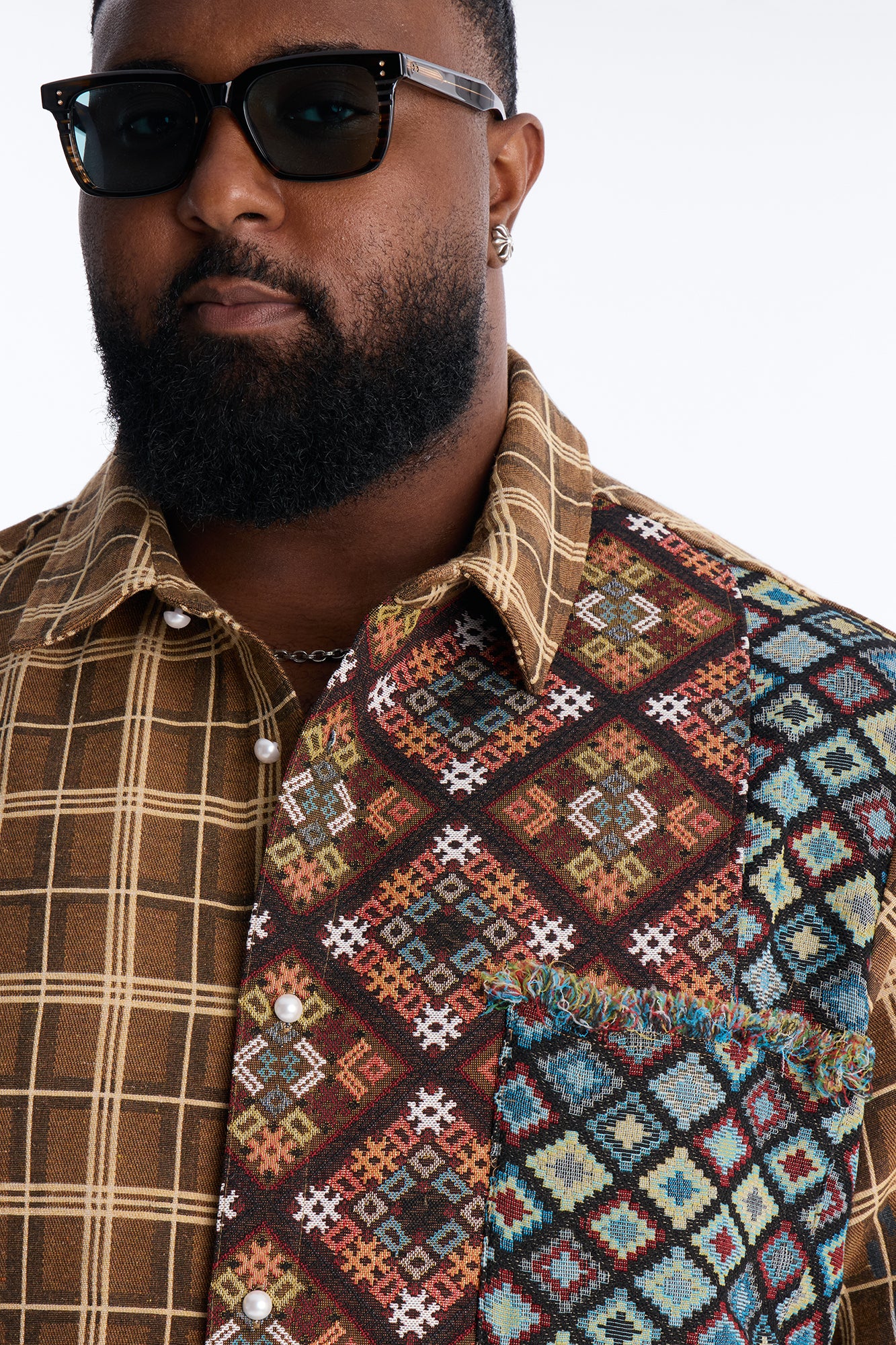 Trippy Mixed Media Button Up Shirt - Brown - Image 7