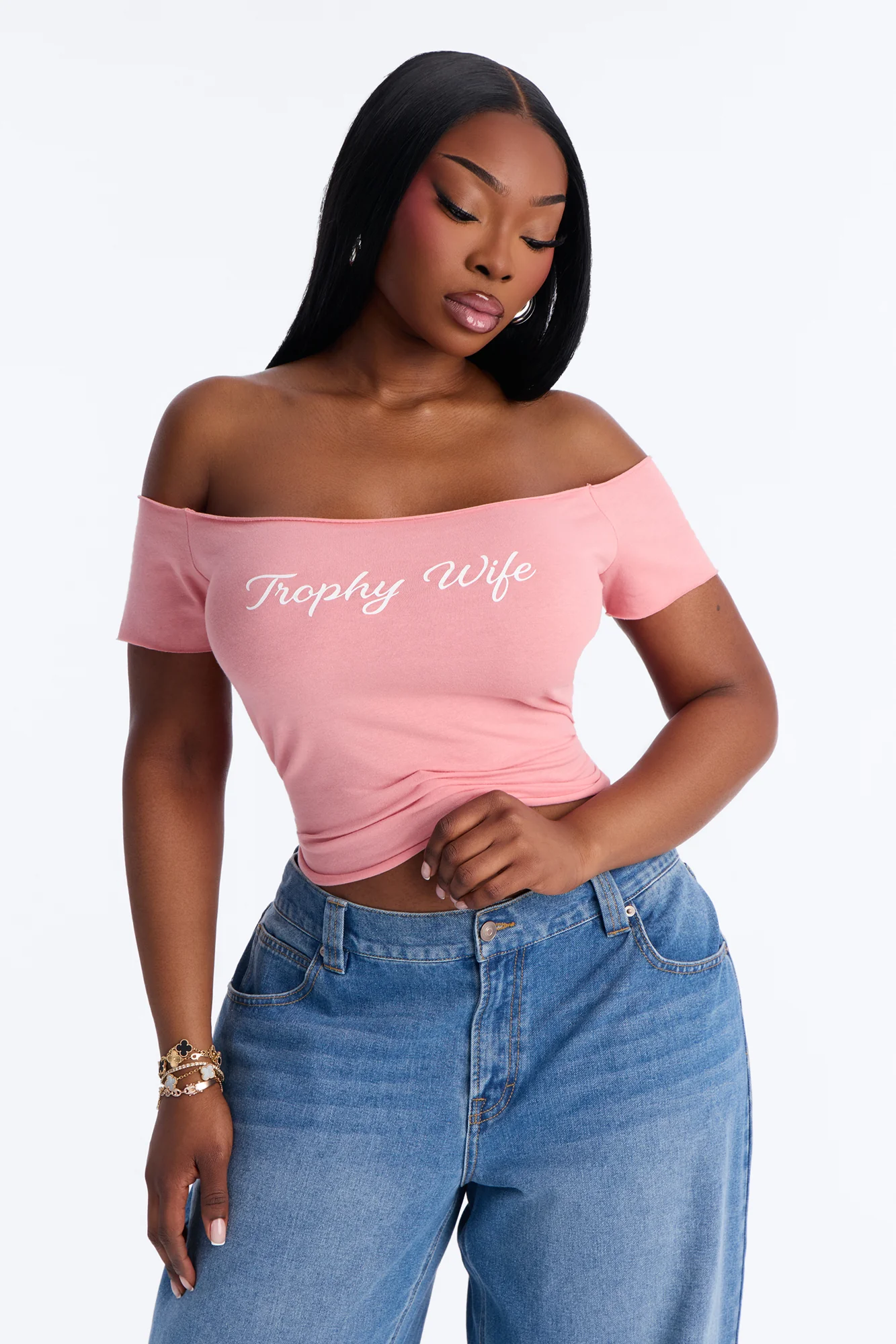 Trophy Wife Off Shoulder Tee - Pink