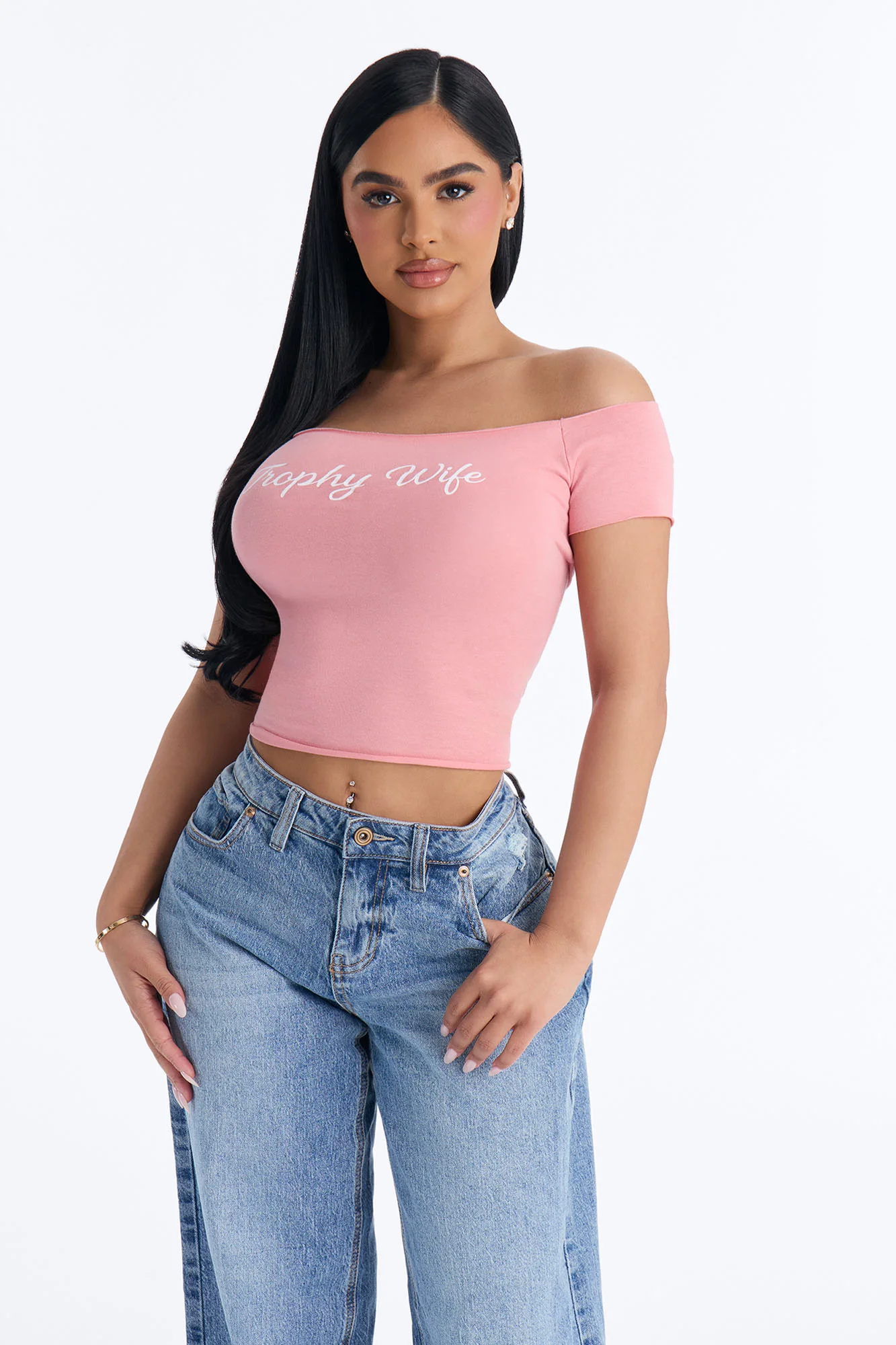 Trophy Wife Off Shoulder Tee - Pink - Image 2