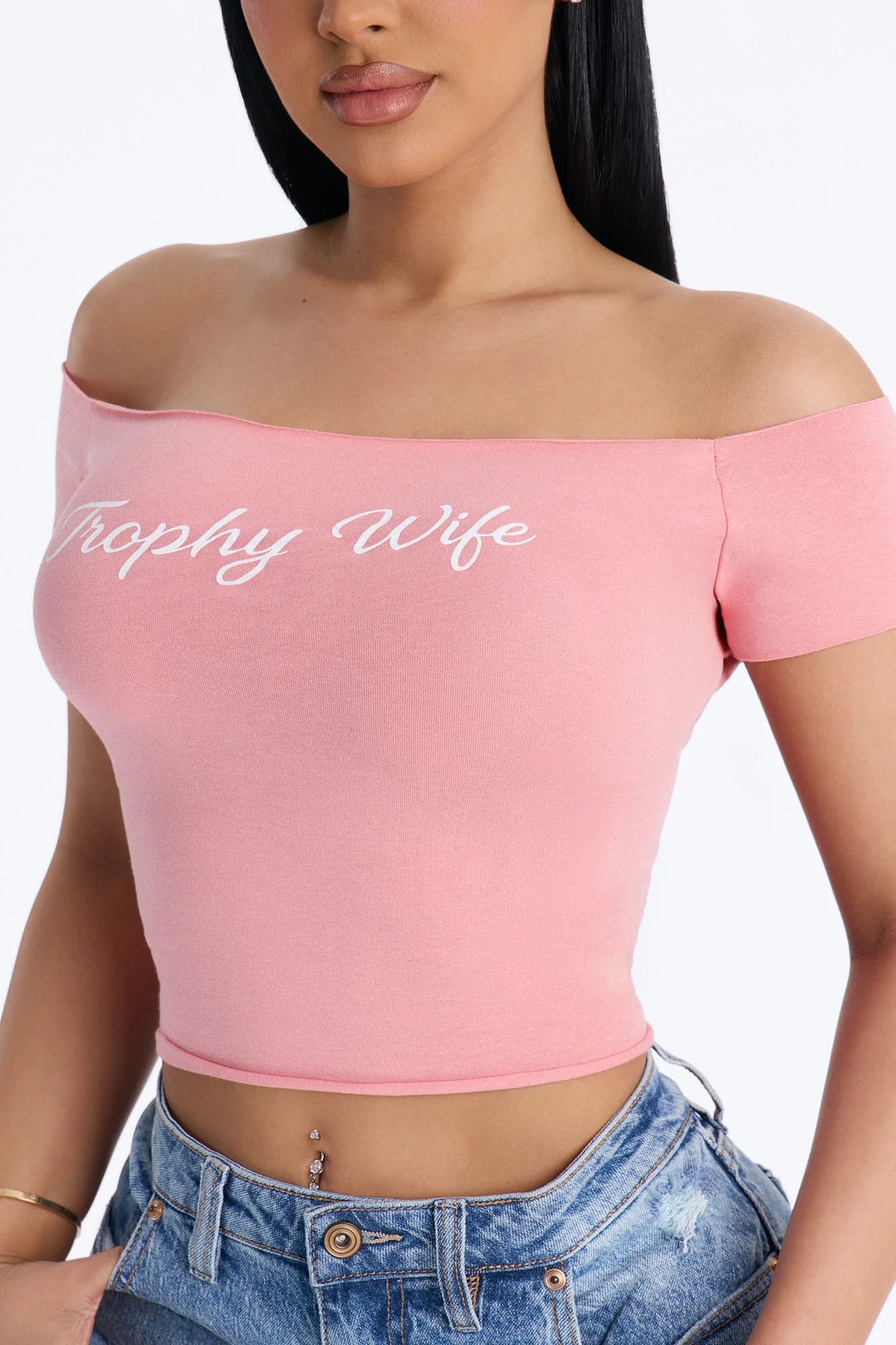 Trophy Wife Off Shoulder Tee - Pink - Image 4