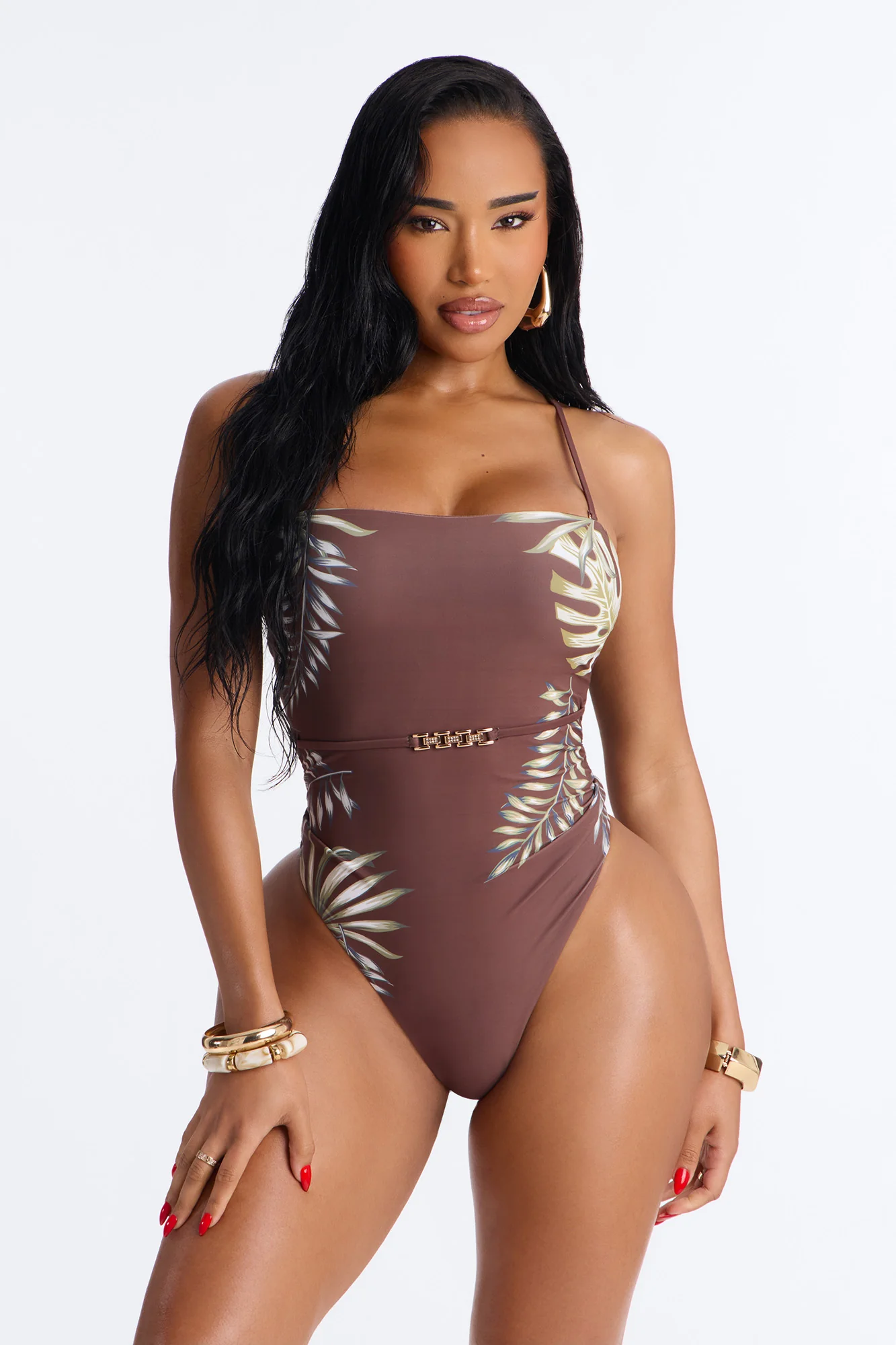 Tropic Like It's Hot 1 Piece Belted Strapless Swimsuit - Brown