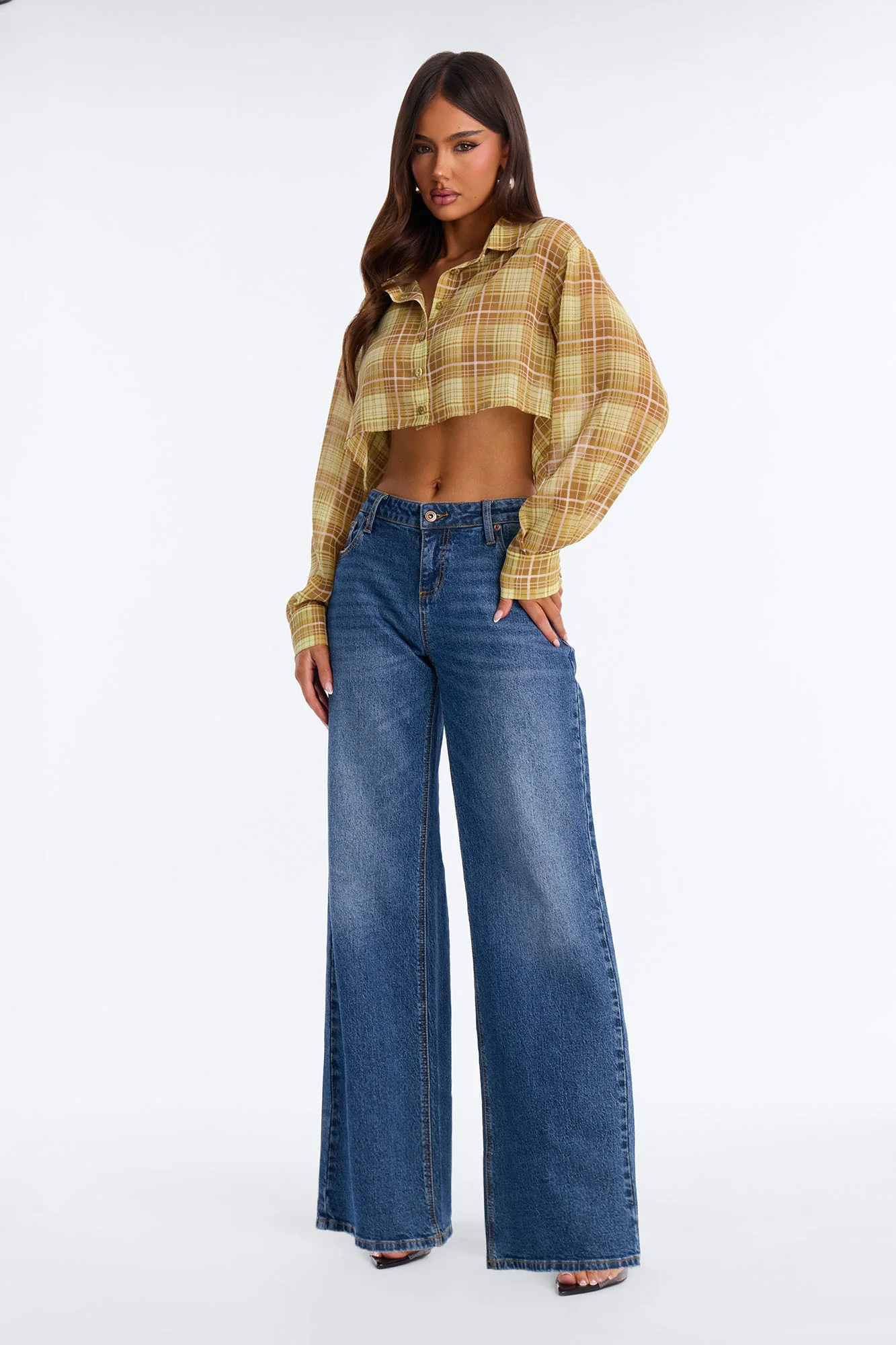 Tropic Oasis Plaid Chiffon Cropped Shirt - Yellow/combo - Image 2
