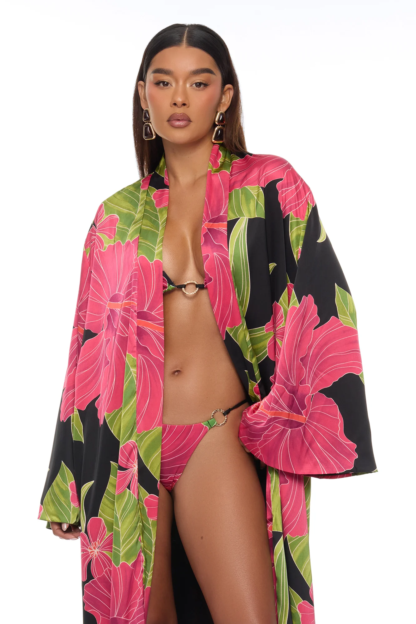 Tropic Oasis Vacation Kimono Bikini 3 Piece Set - Black/combo - Image 3