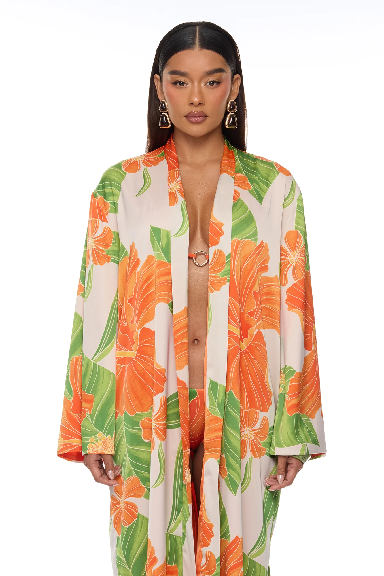 Tropic Oasis Vacation Kimono Bikini 3 Piece Set - Orange/combo - Image 3