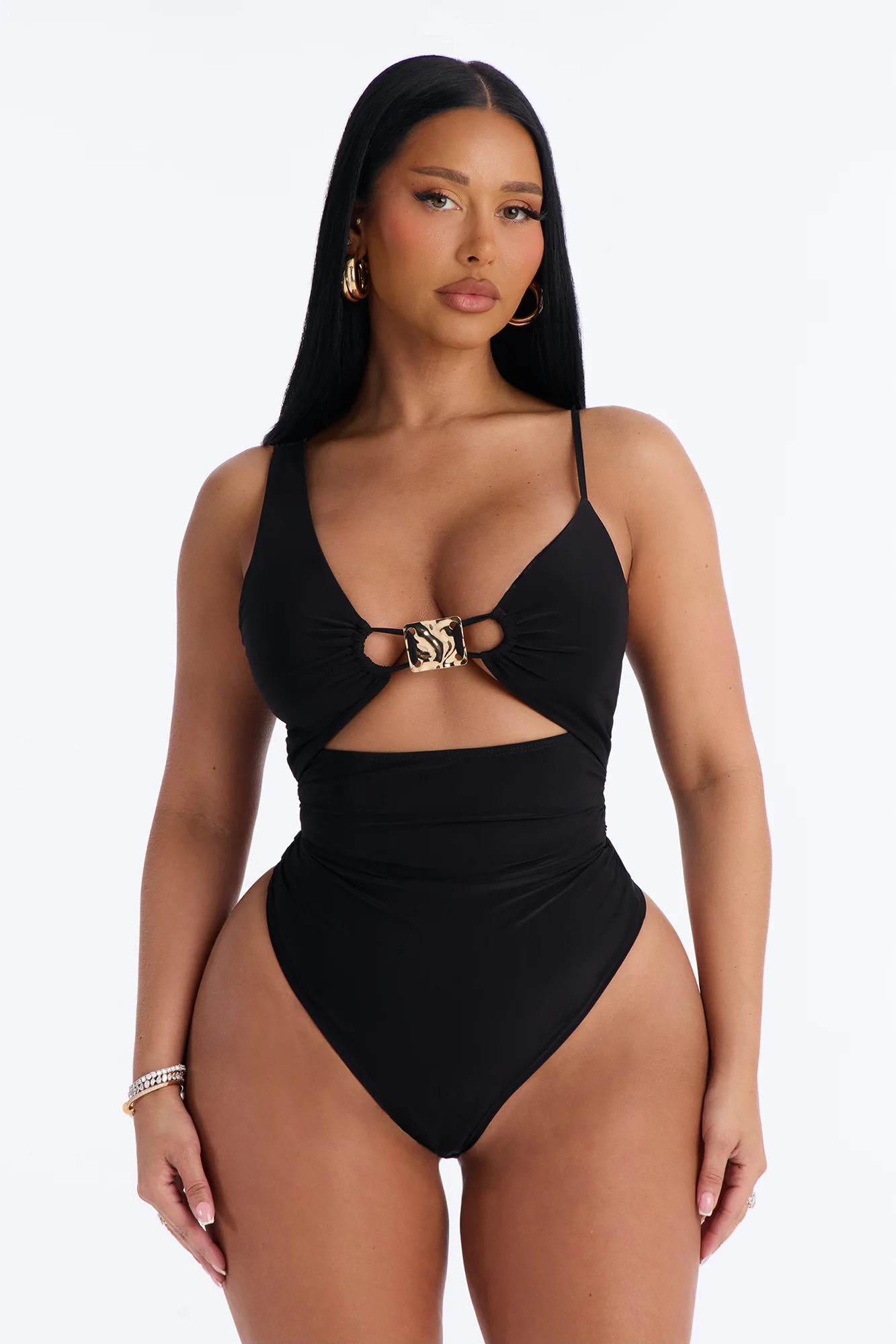 Tropic Waters Ruched Hardware Bodysuit - Black