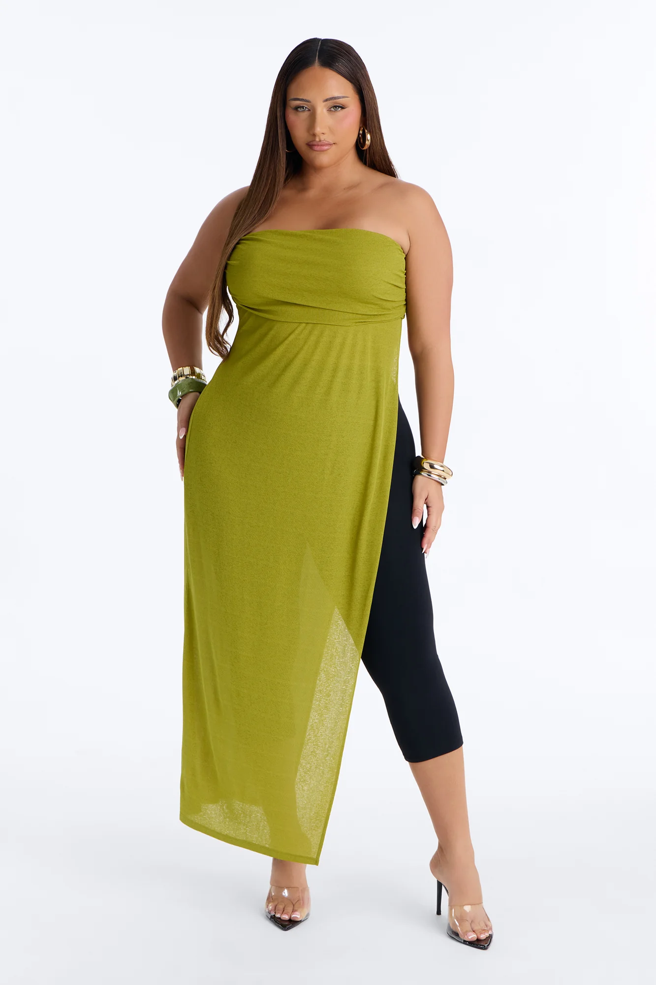Tropical Drift Long Ruched Cut Out Tube Top - Chartreuse - Image 6