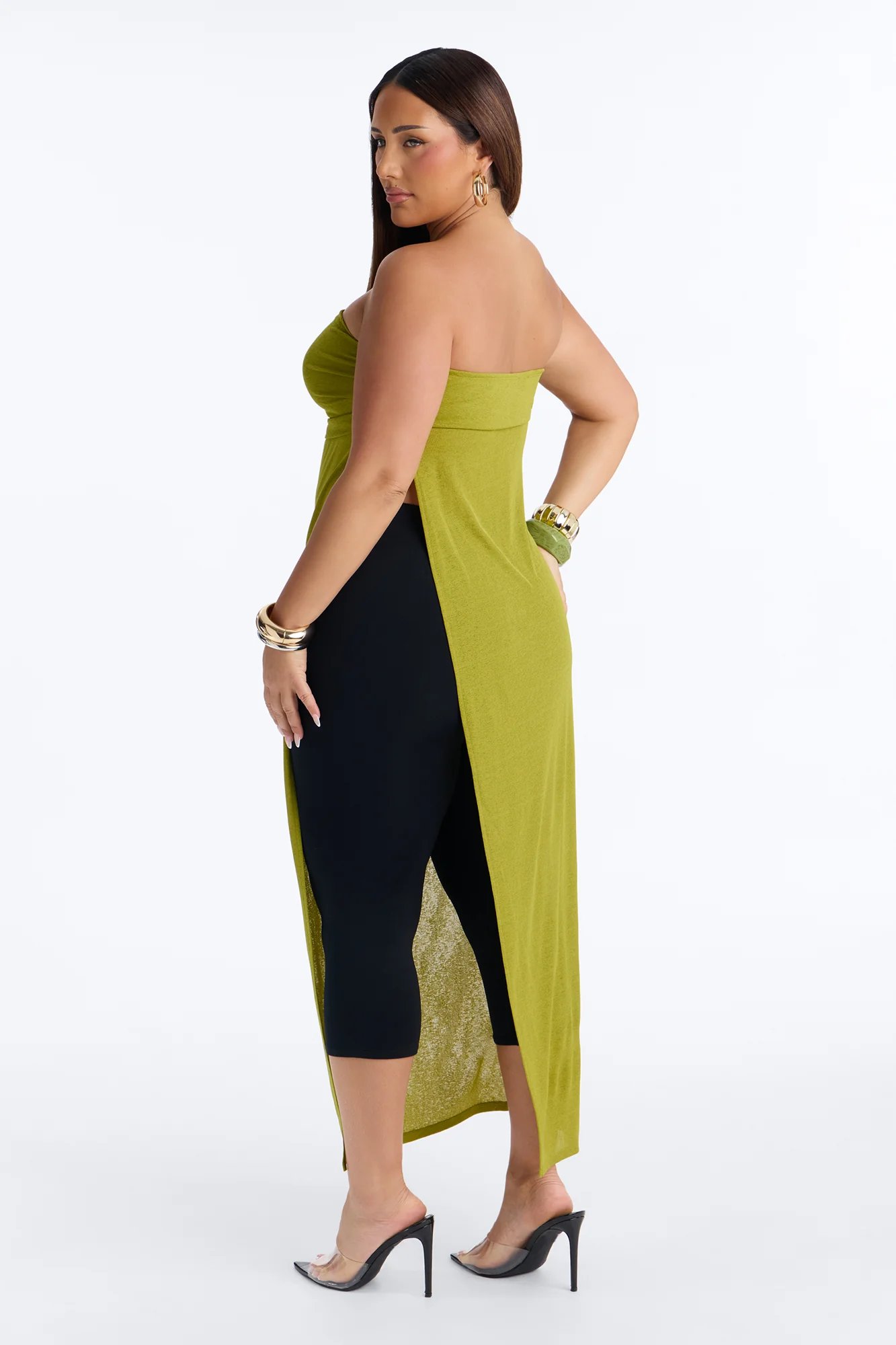 Tropical Drift Long Ruched Cut Out Tube Top - Chartreuse - Image 9