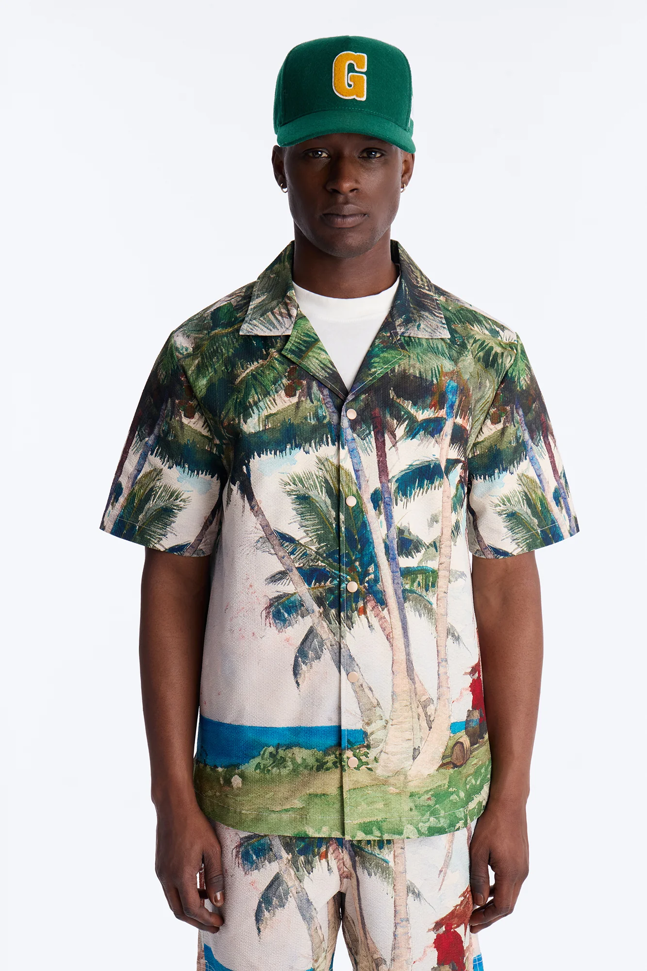 Tropical Get Away Printed Seersucker Cuban Collar Button Up Shirt - Multi Color