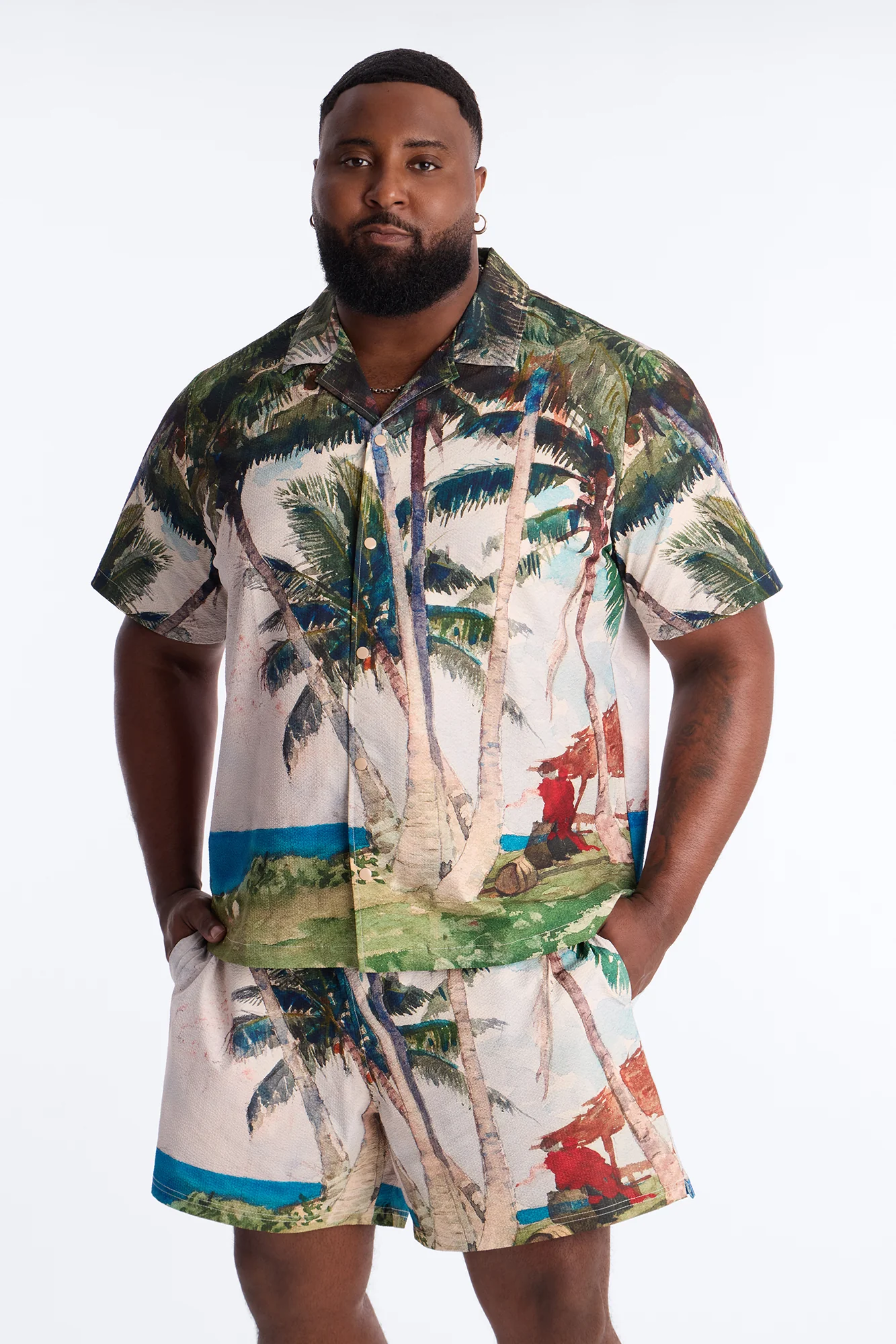 Tropical Get Away Printed Seersucker Cuban Collar Button Up Shirt - Multi Color - Image 5