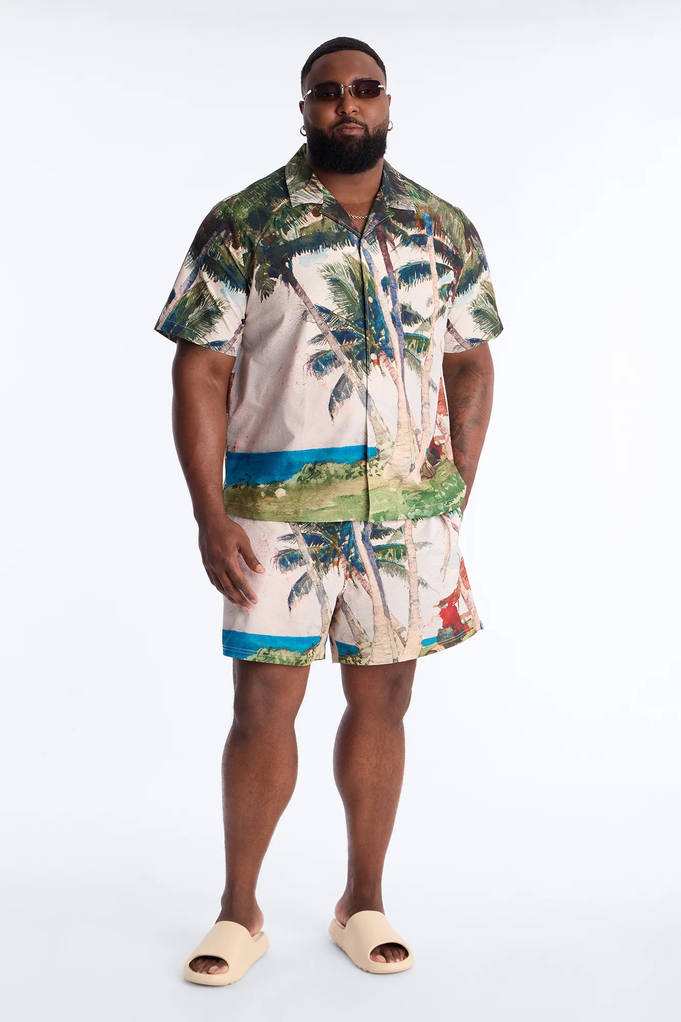 Tropical Get Away Printed Seersucker Cuban Collar Button Up Shirt - Multi Color - Image 6