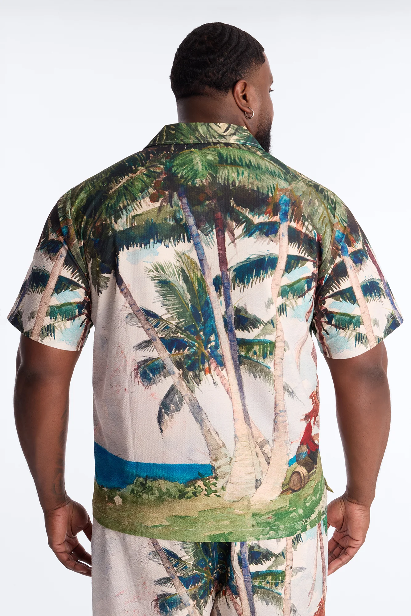 Tropical Get Away Printed Seersucker Cuban Collar Button Up Shirt - Multi Color - Image 7