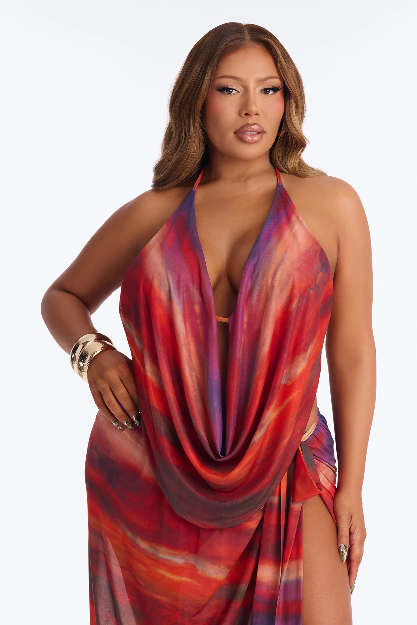 Tropical Heatwave Halter Mesh Skirt Set - Red/combo - Image 6