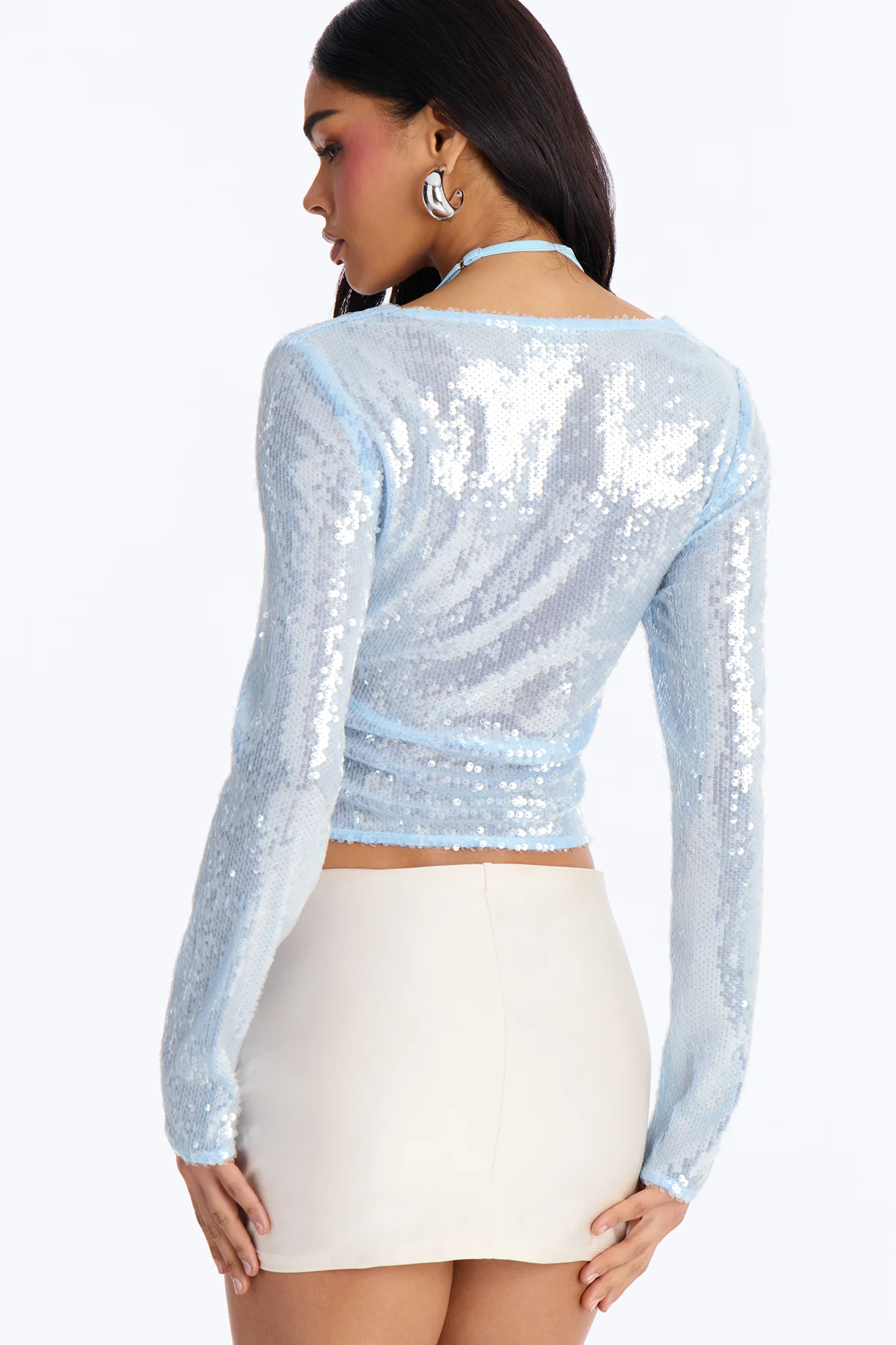Tropical Shimmer Sequin 2 Piece Cowl Neck Long Sleeve Top - Blue - Image 4