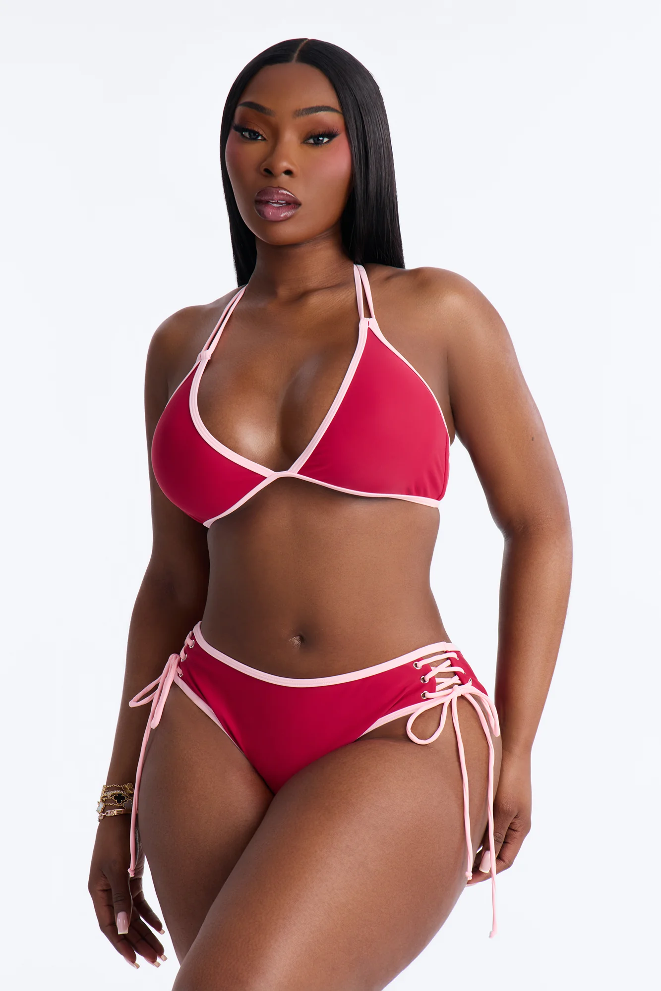 Tropical Tea Underwire Contrast Criss Cross Lace Up 2 Piece Bikini - Burgundy/combo - Image 5