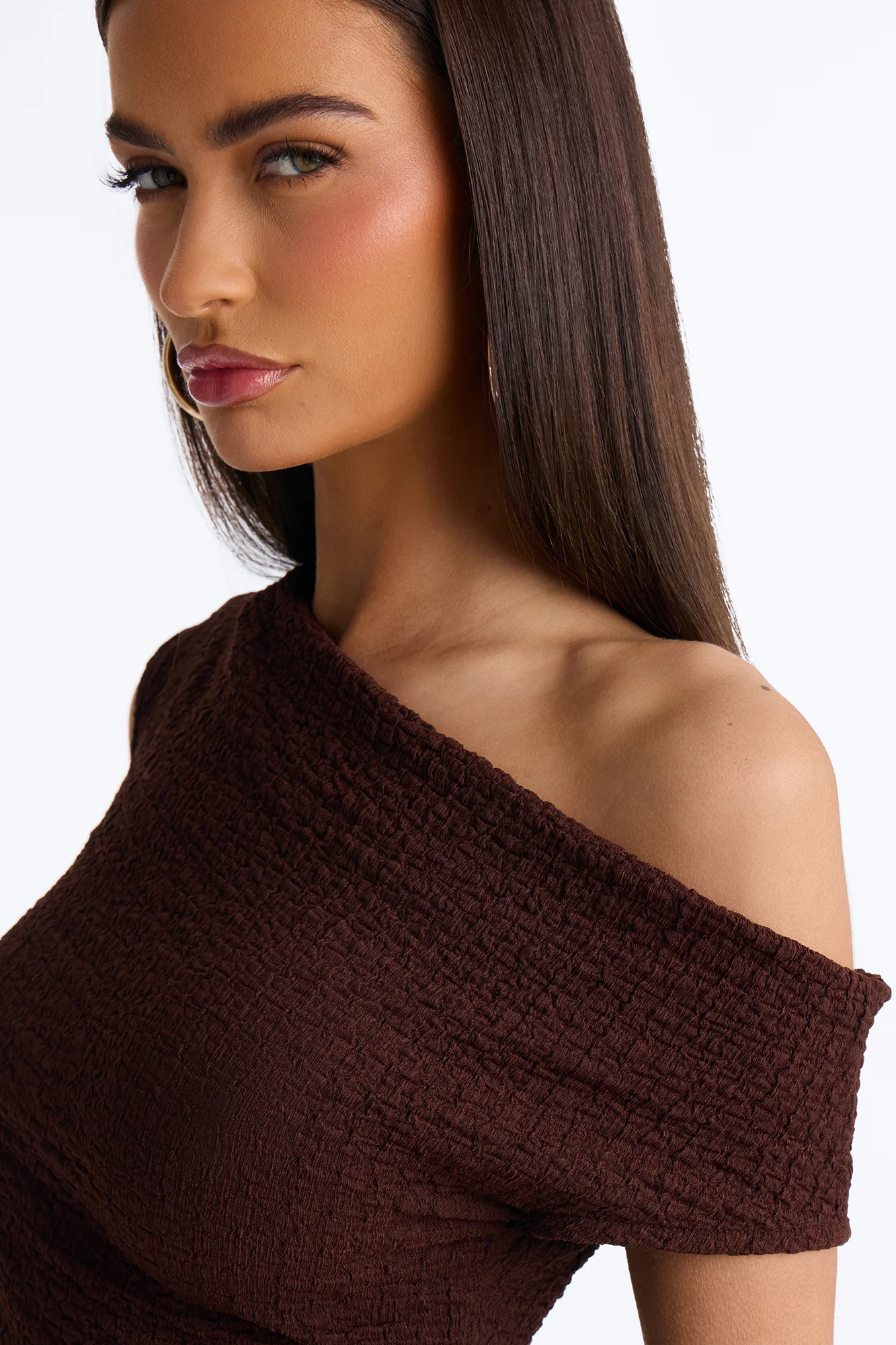 Tropical Tease Textured Off Shoulder Short Sleeve Top - Brown - Image 3