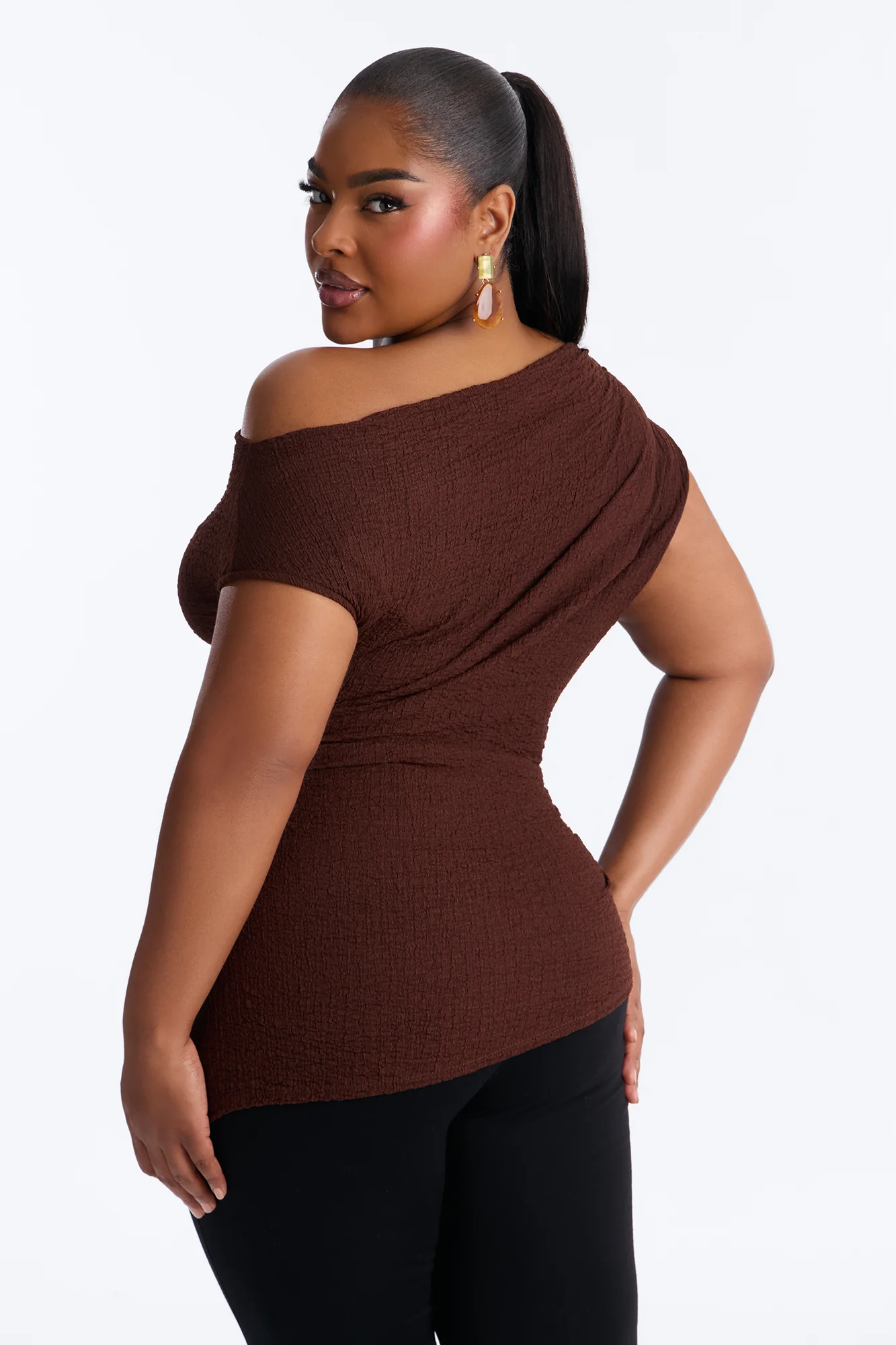 Tropical Tease Textured Off Shoulder Short Sleeve Top - Brown - Image 7