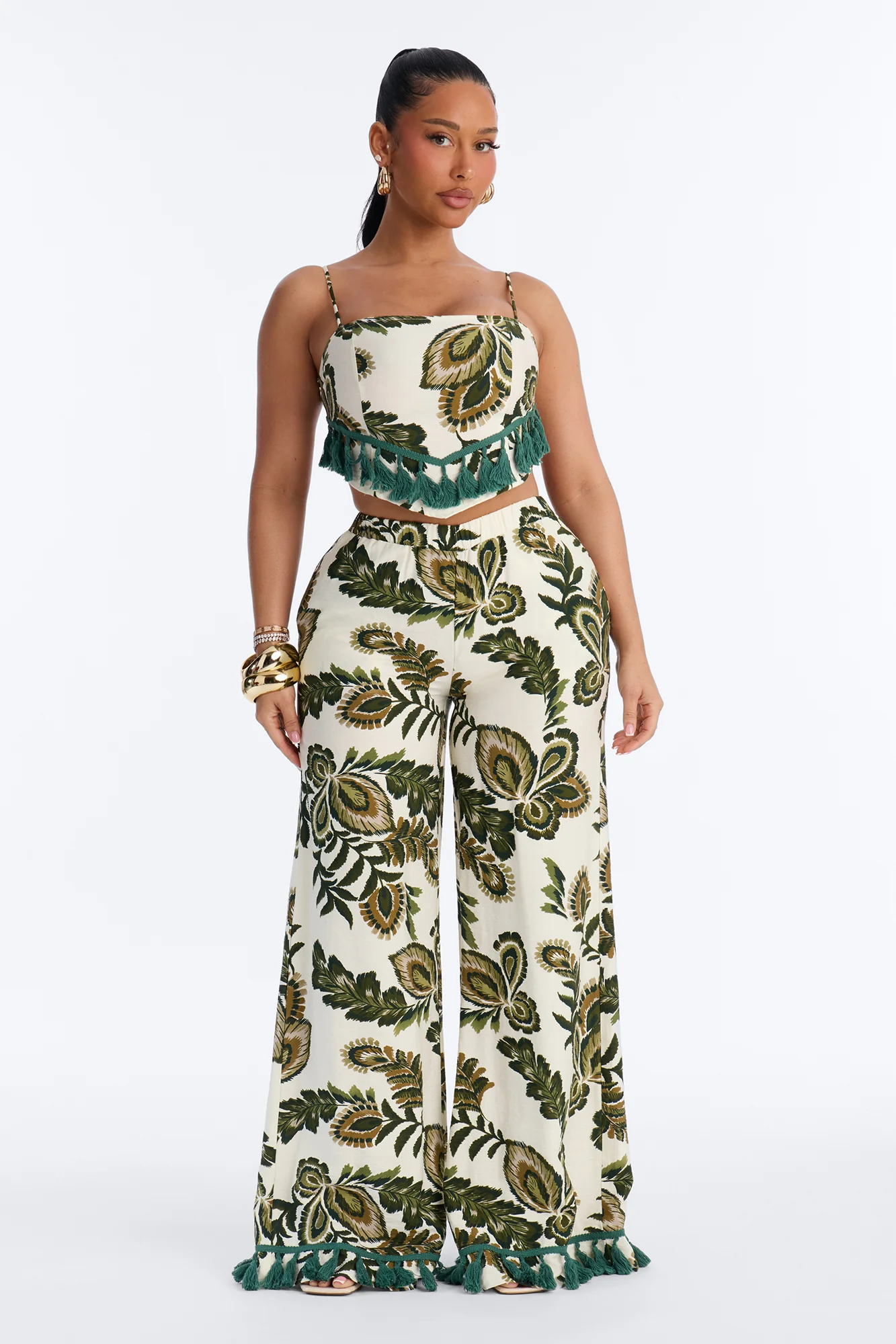 Tropics Linen Fringe Pant Set - Green/combo