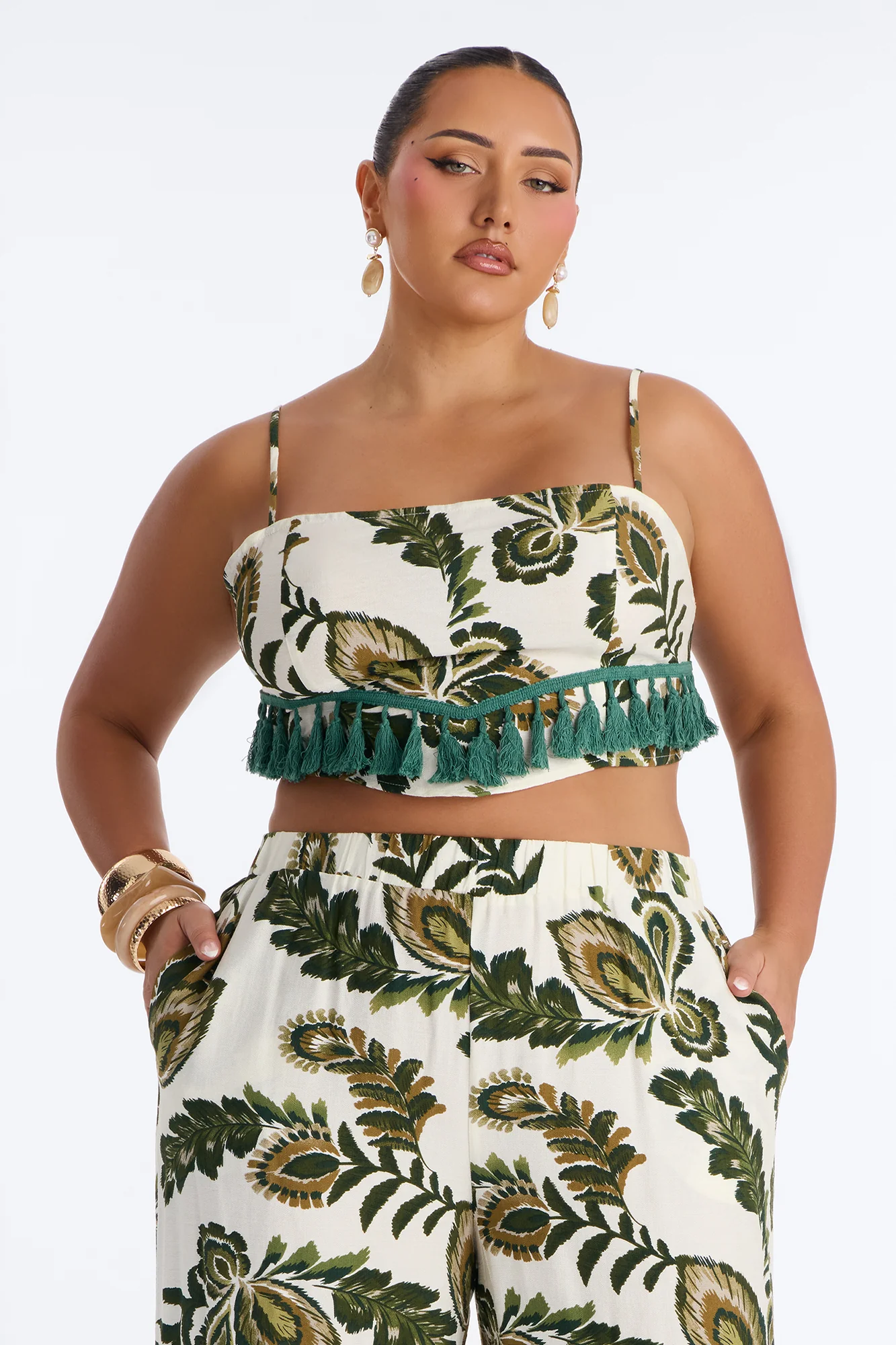 Tropics Linen Fringe Pant Set - Green/combo - Image 6