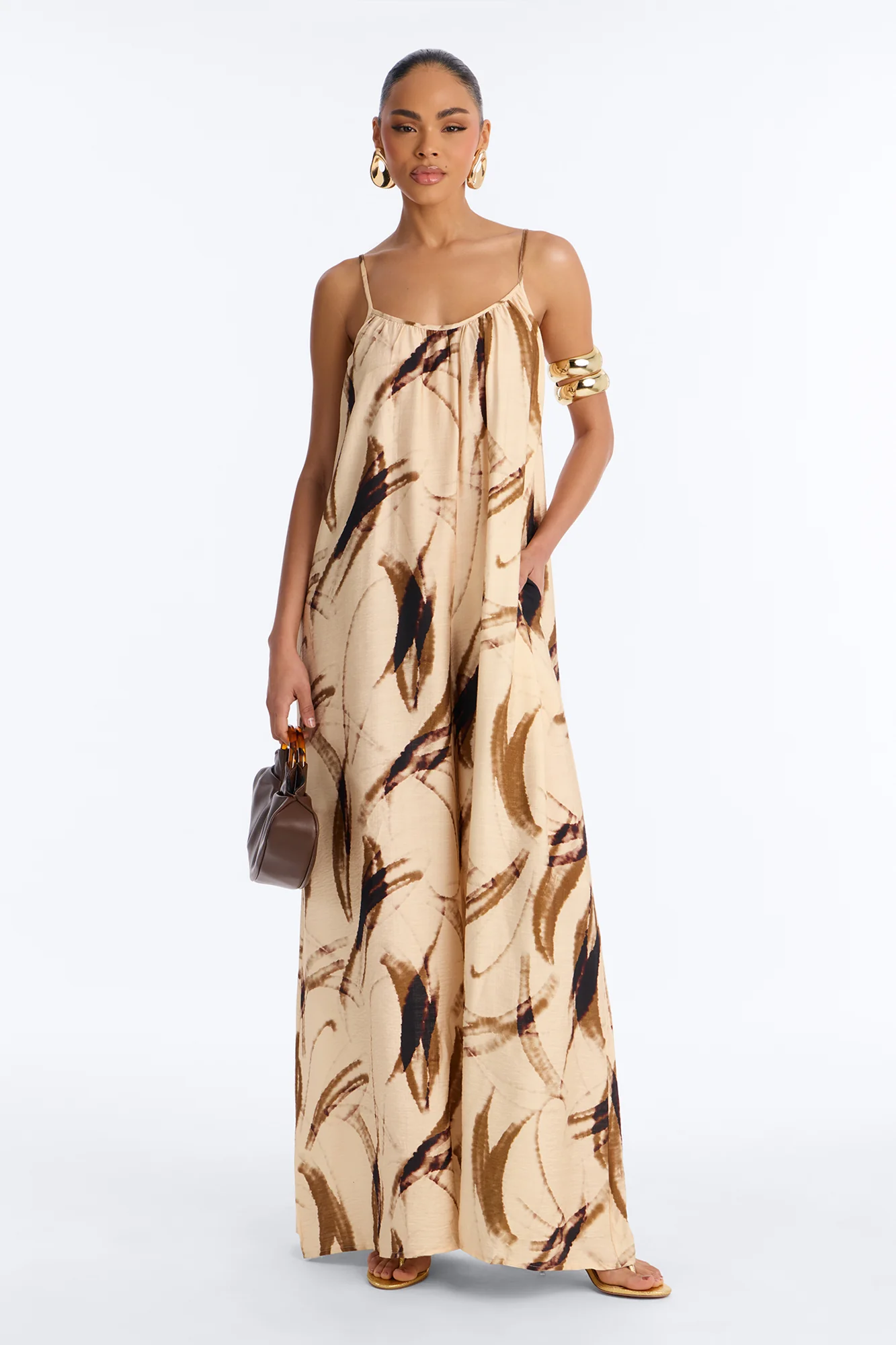 Tropics Time Linen Wide Leg Jumpsuit - Tan