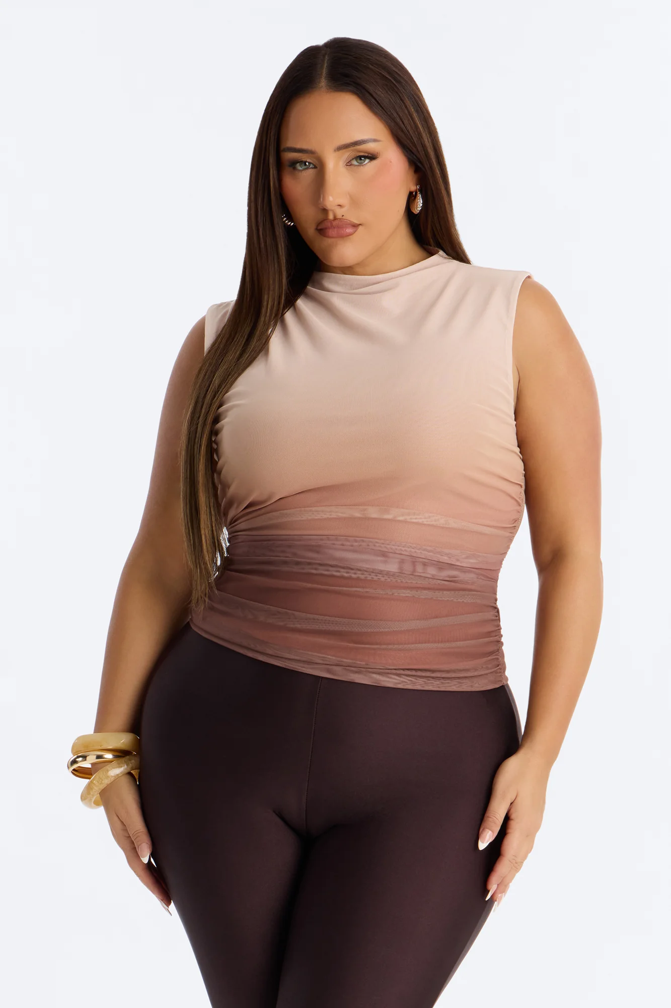 Tulum Sunset Mesh Mock Neck Ruched Sleeveless Top - Taupe/combo - Image 4