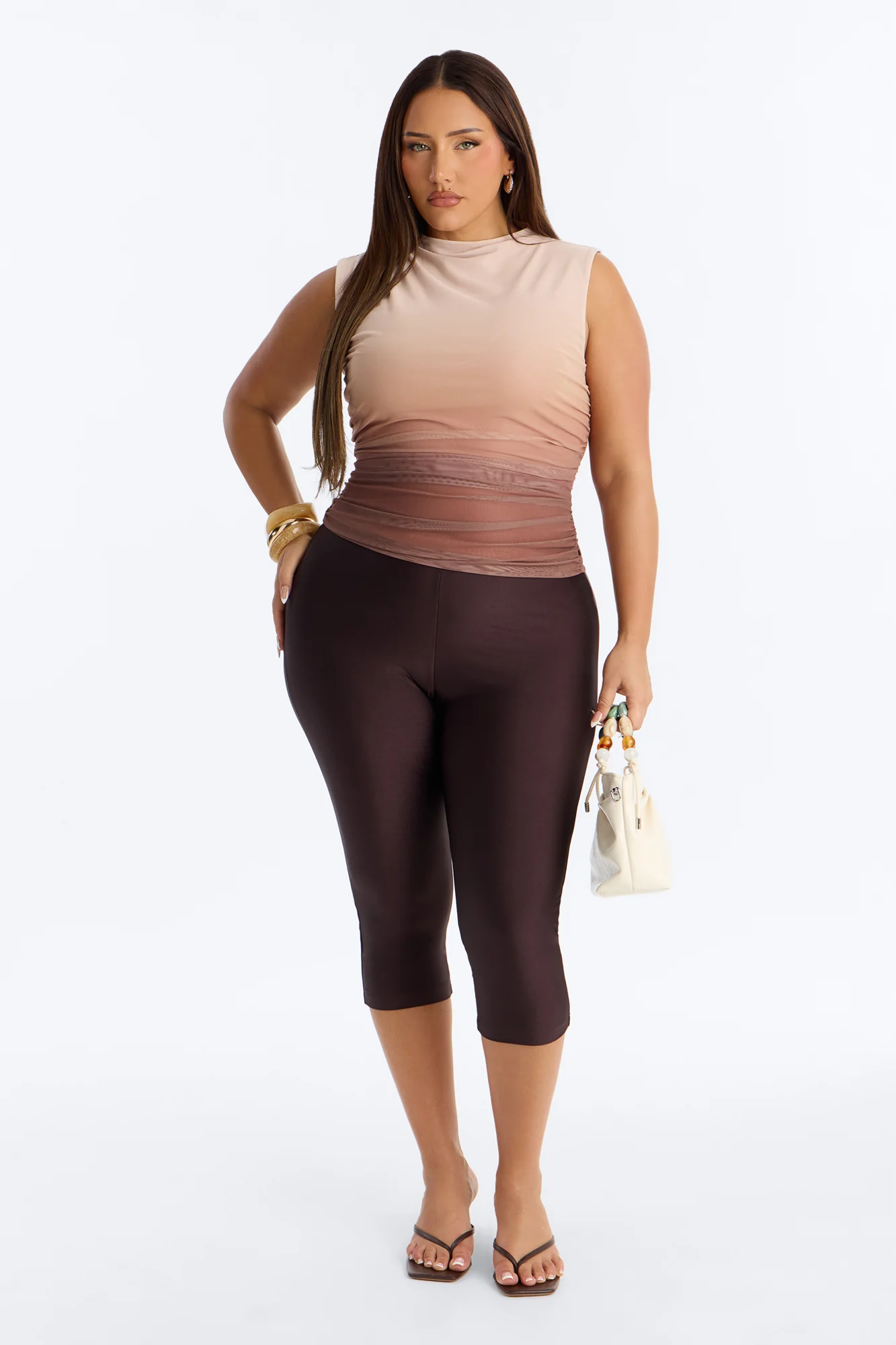 Tulum Sunset Mesh Mock Neck Ruched Sleeveless Top - Taupe/combo - Image 5