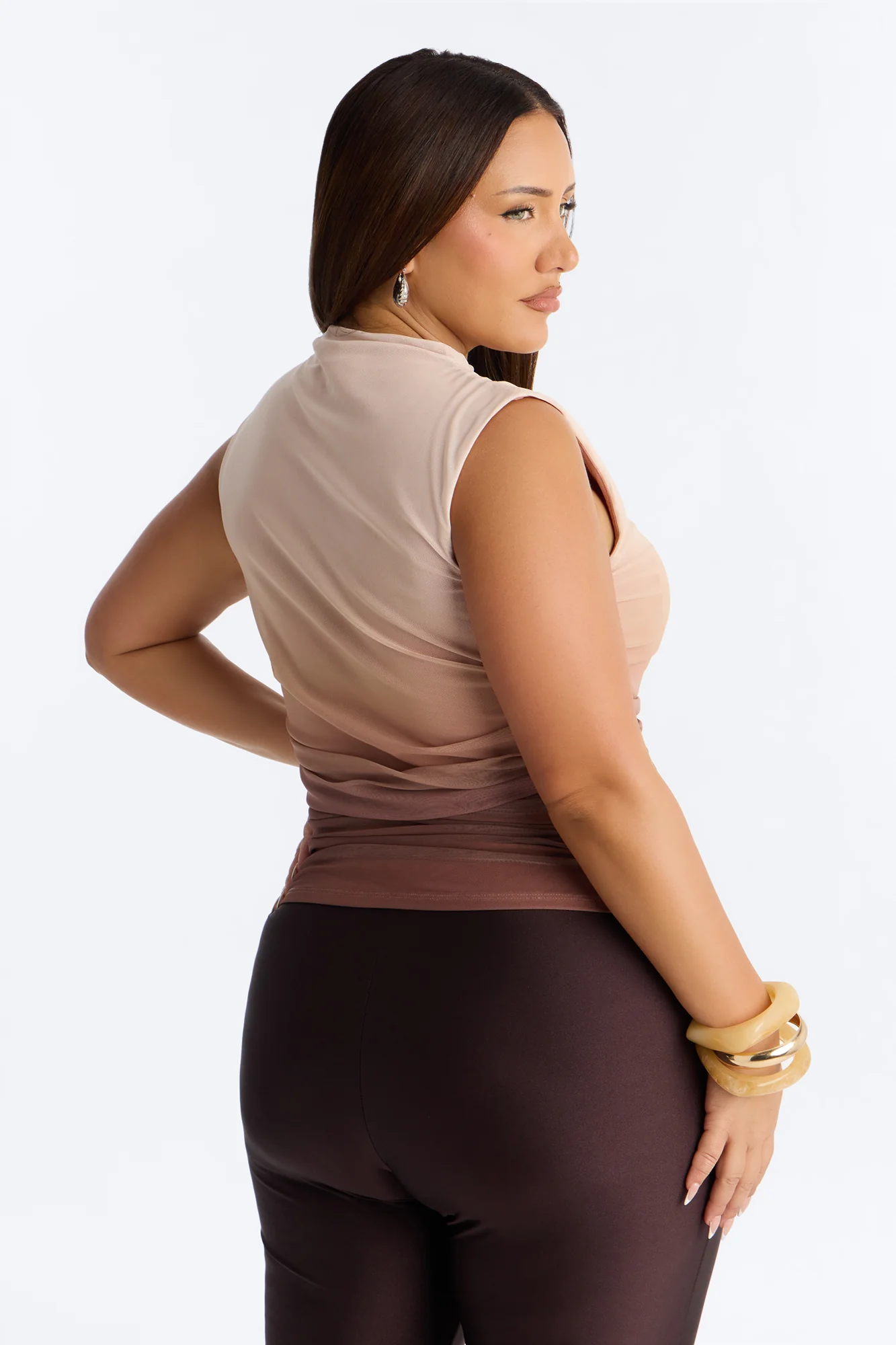 Tulum Sunset Mesh Mock Neck Ruched Sleeveless Top - Taupe/combo - Image 7