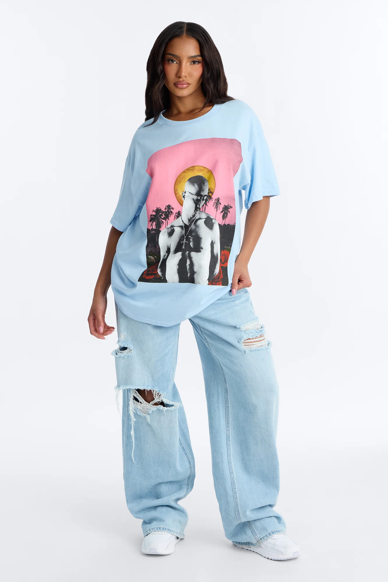 Tupac Sunset Palm Tee - Light Blue - Image 2