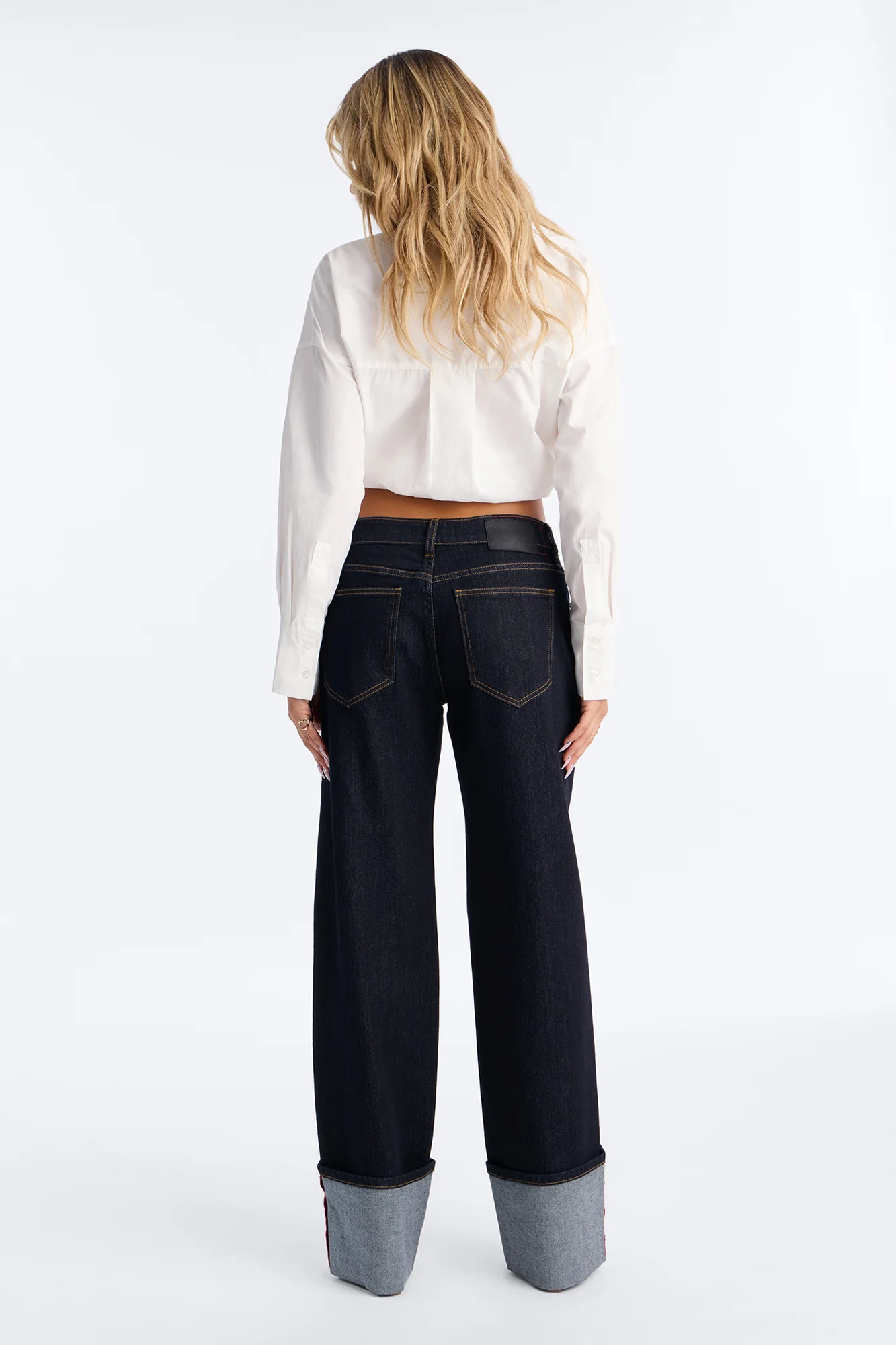 Turned Up Stretch Cuffed Straight Leg Jeans - Dark Wash - Image 3