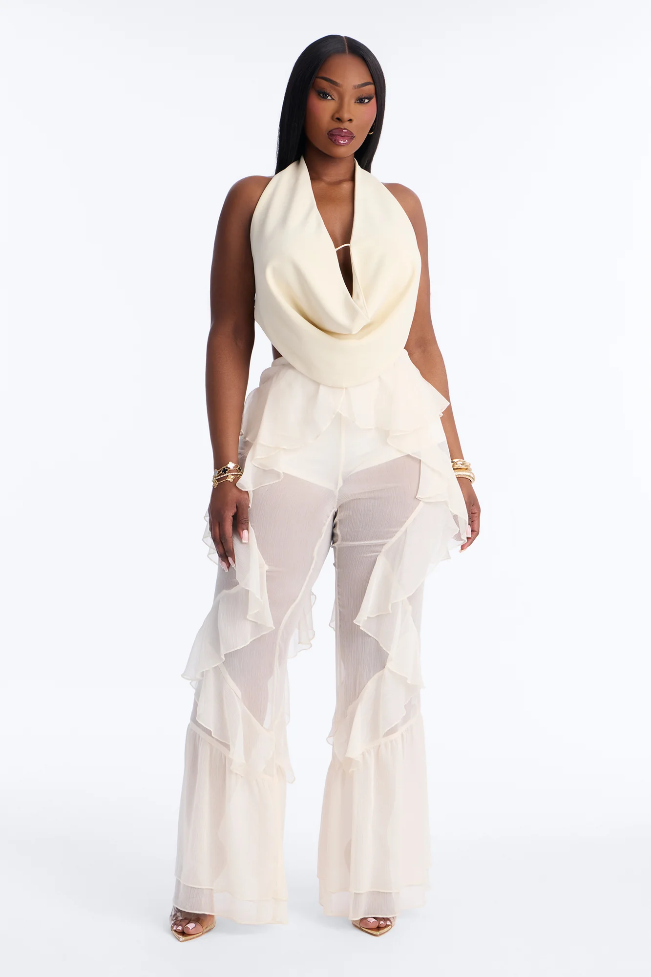 Twisted Rules Ruffle Flare Pant 33″ - Ivory - Image 5