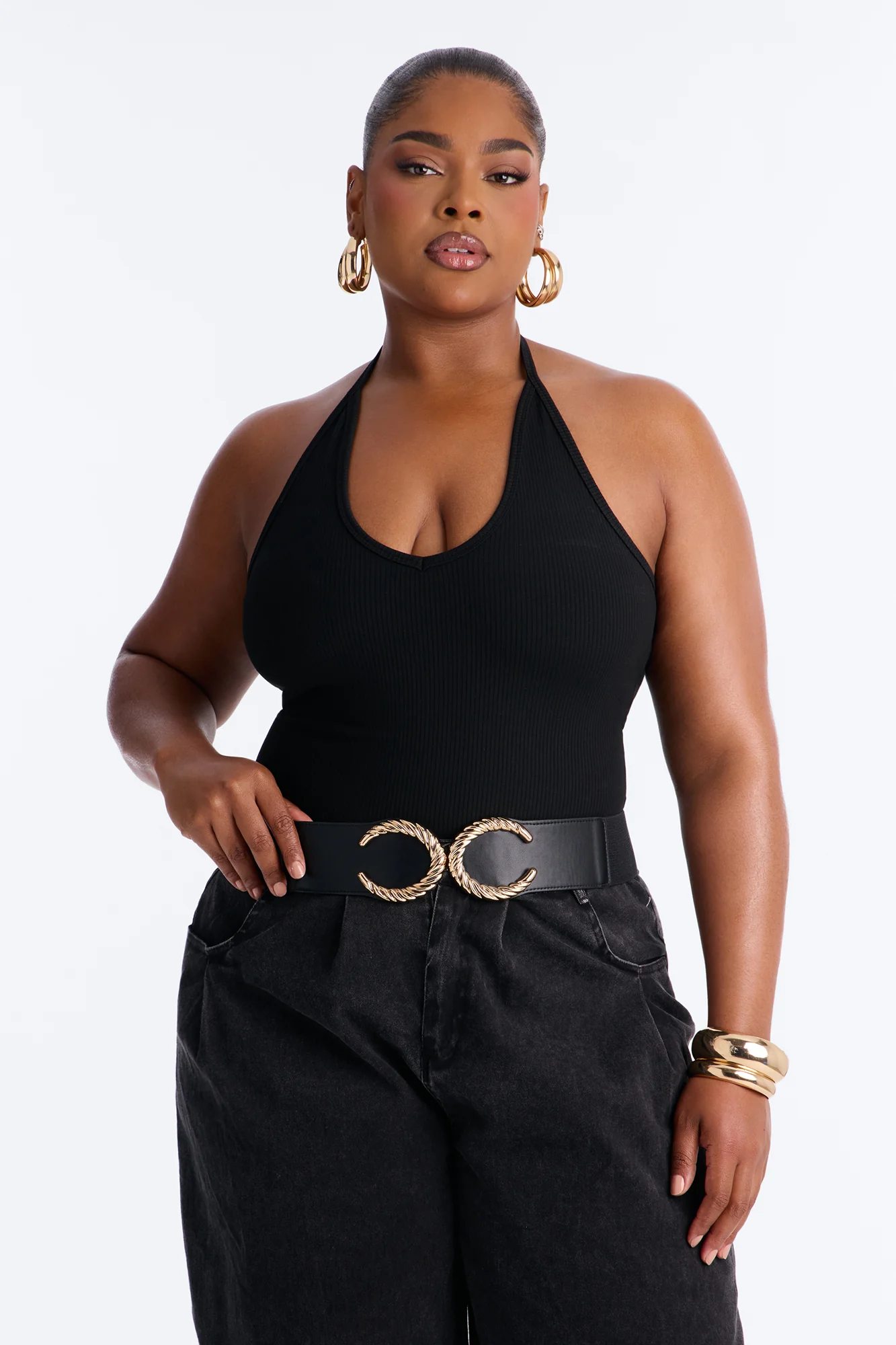 Two Moons Faux Leather Wide Stretch Belt - Black - Image 4