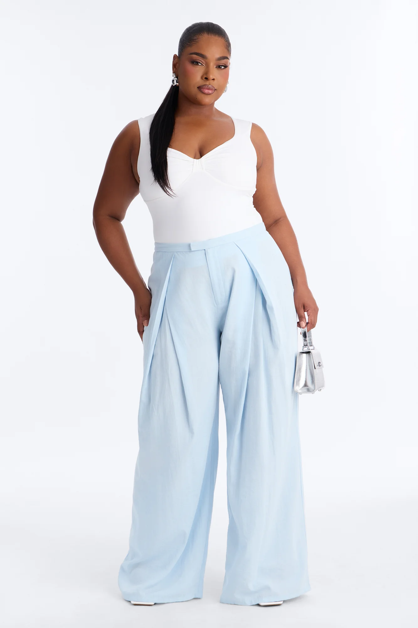 Tyra High Rise Pleated Wide Leg Pant - Light Blue - Image 5