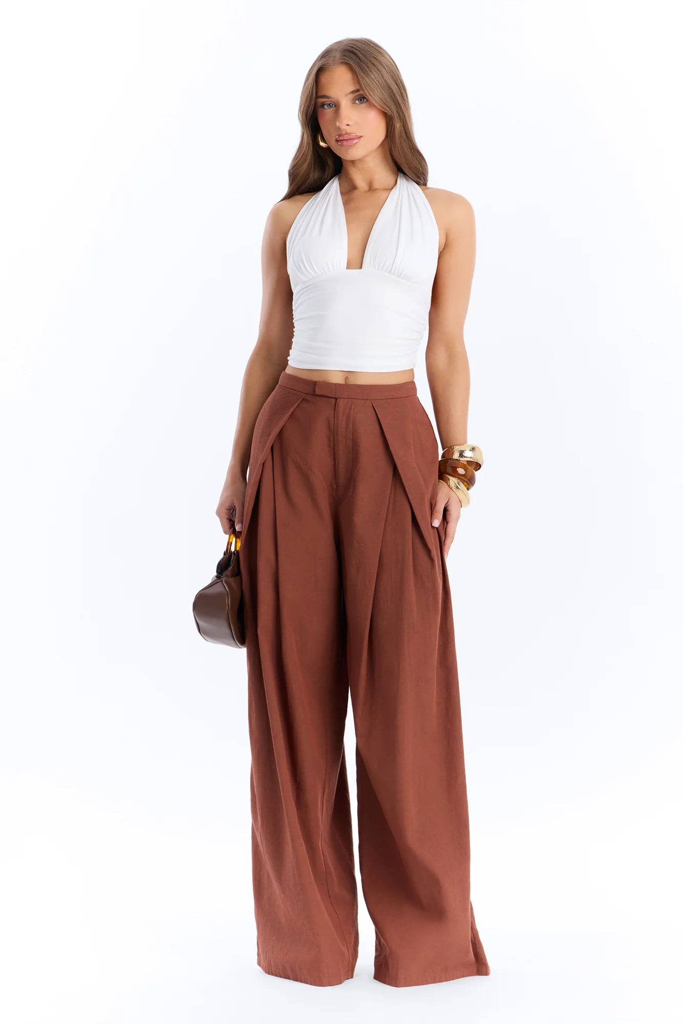 Tyra High Rise Pleated Wide Leg Pant - Spice