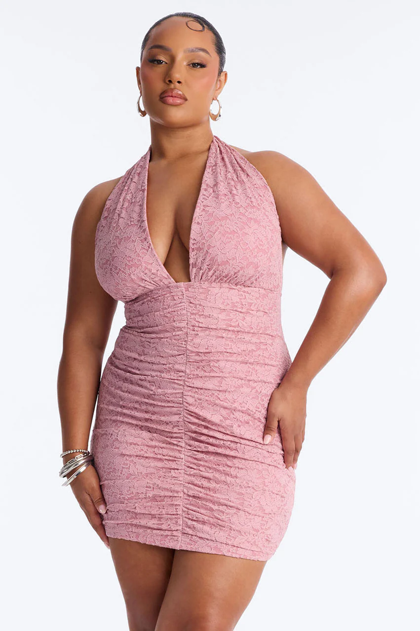 Tyra Ruched Glitter Lace Mini Dress - Mauve - Image 6