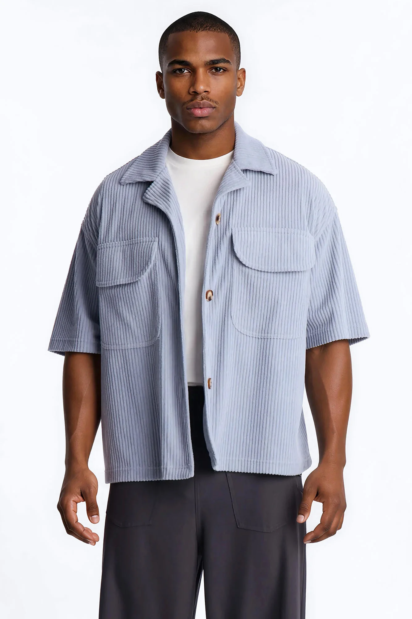 Ultra Oversized Corduroy Button Up Shirt - Light Blue