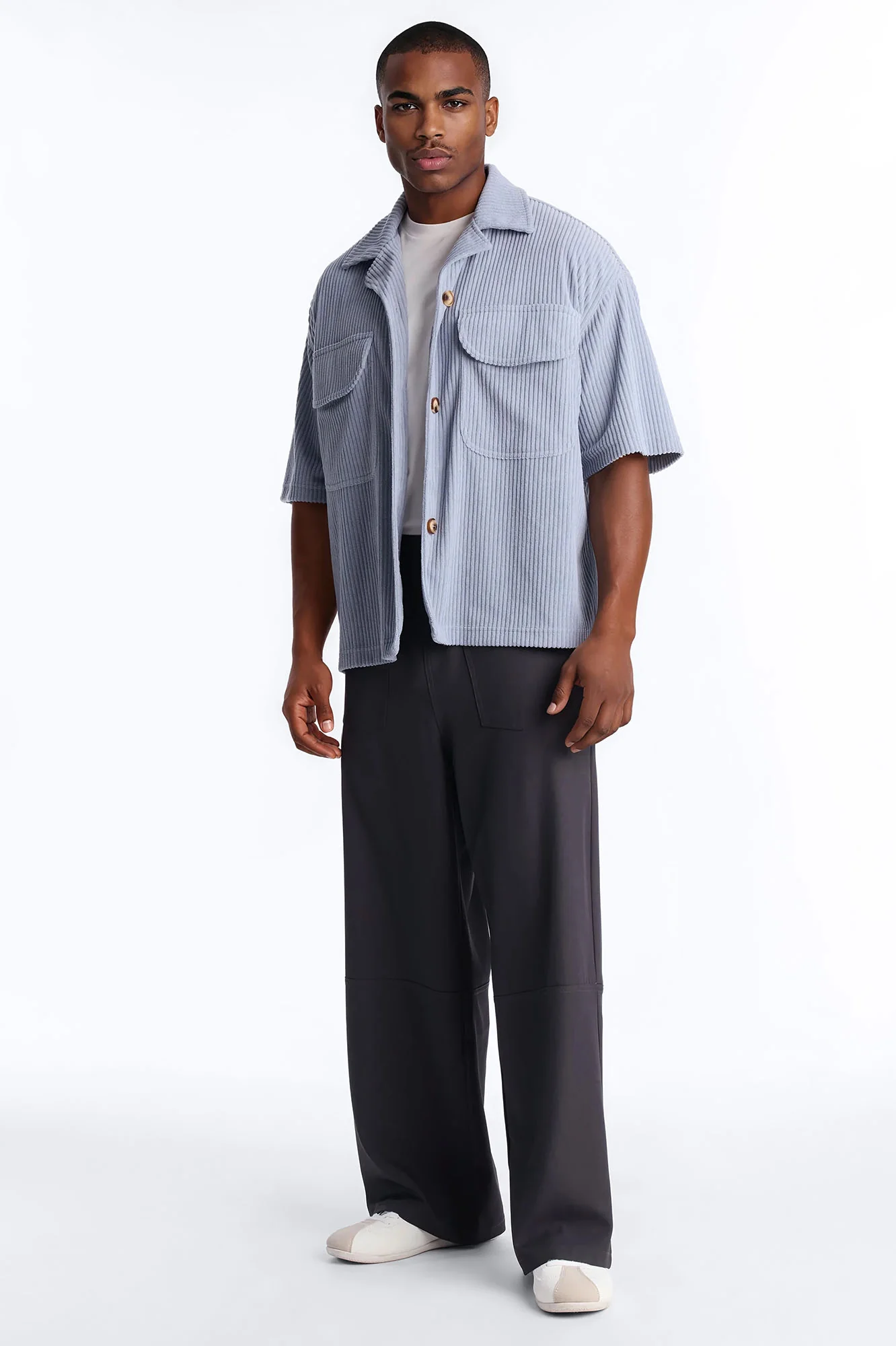 Ultra Oversized Corduroy Button Up Shirt - Light Blue - Image 2