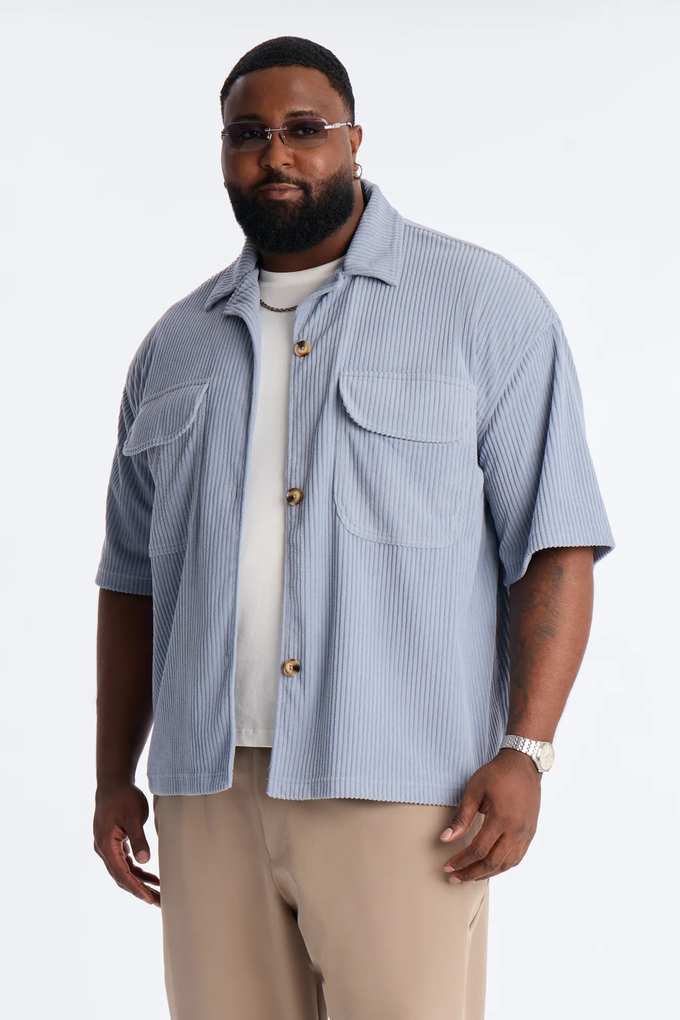 Ultra Oversized Corduroy Button Up Shirt - Light Blue - Image 4