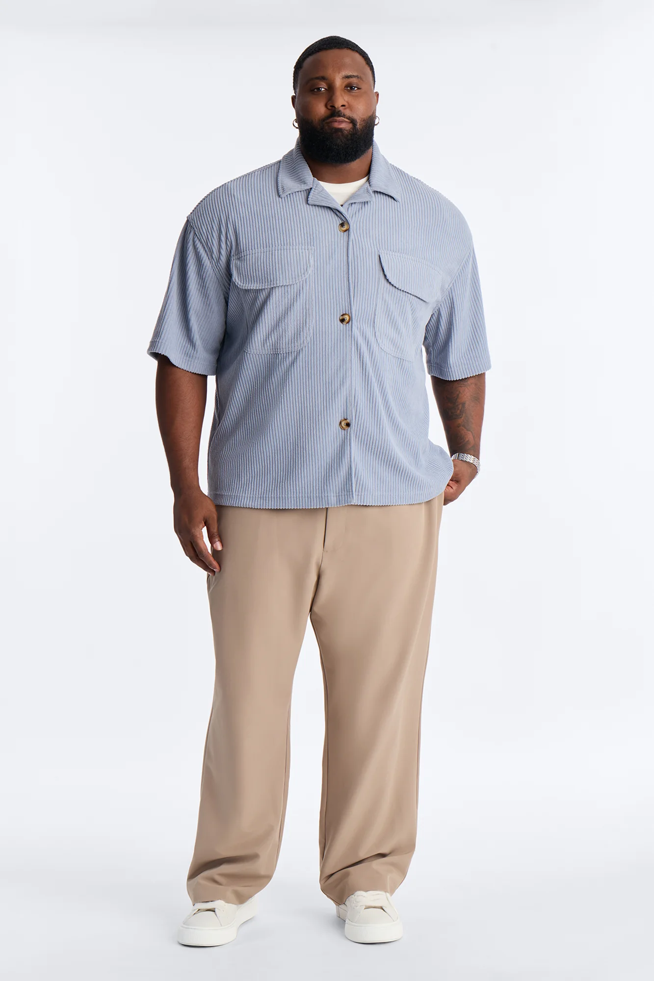 Ultra Oversized Corduroy Button Up Shirt - Light Blue - Image 5
