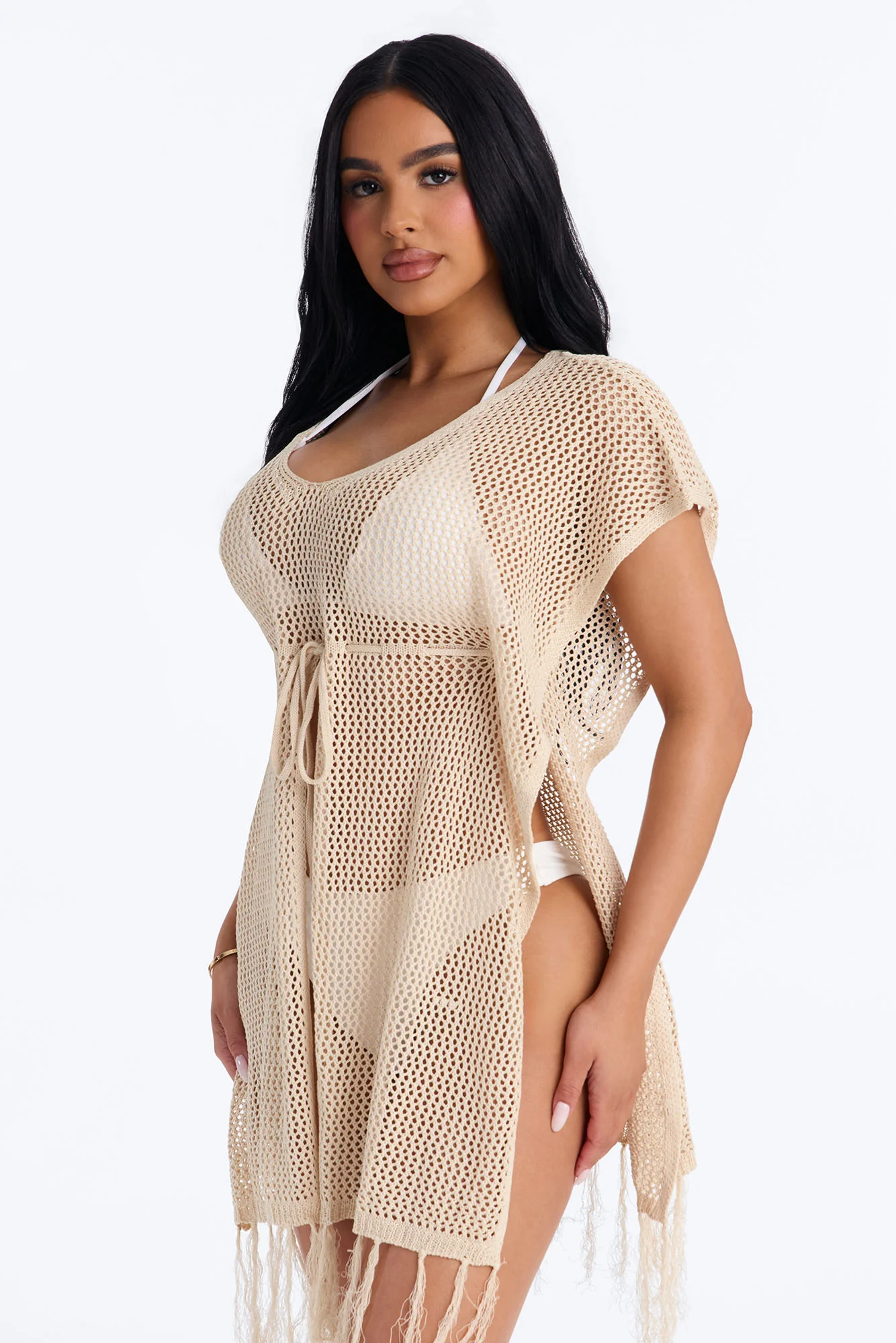 Umbrella In My Cup Tassel Trim Crochet Swim Cover Up Dress - Tan - Image 2