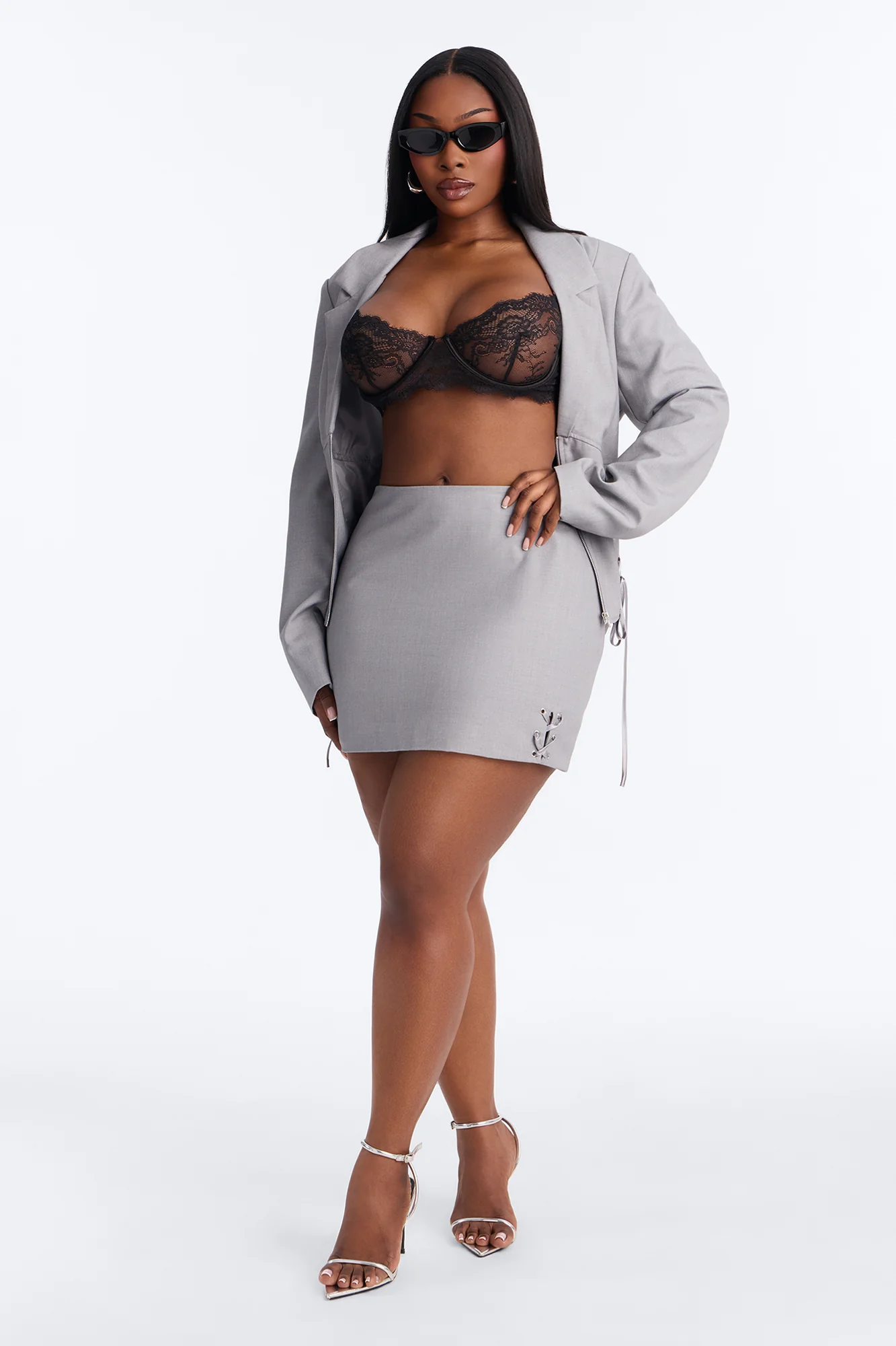 Unbothered Crepe Lace Up Mini Skirt - Light Grey - Image 5