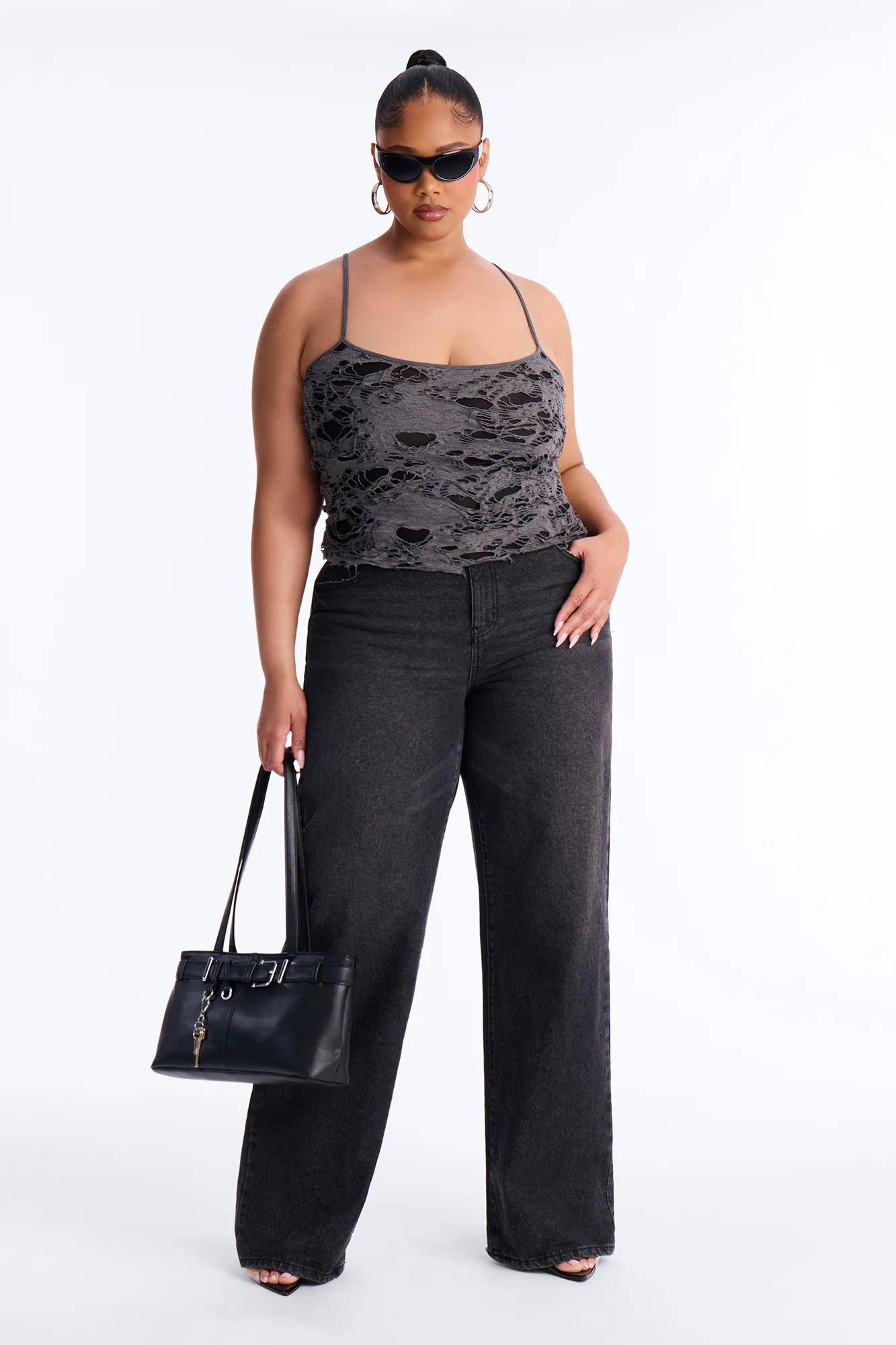 Undone Distressed Scoop Neck Tank Top - Charcoal - Image 6