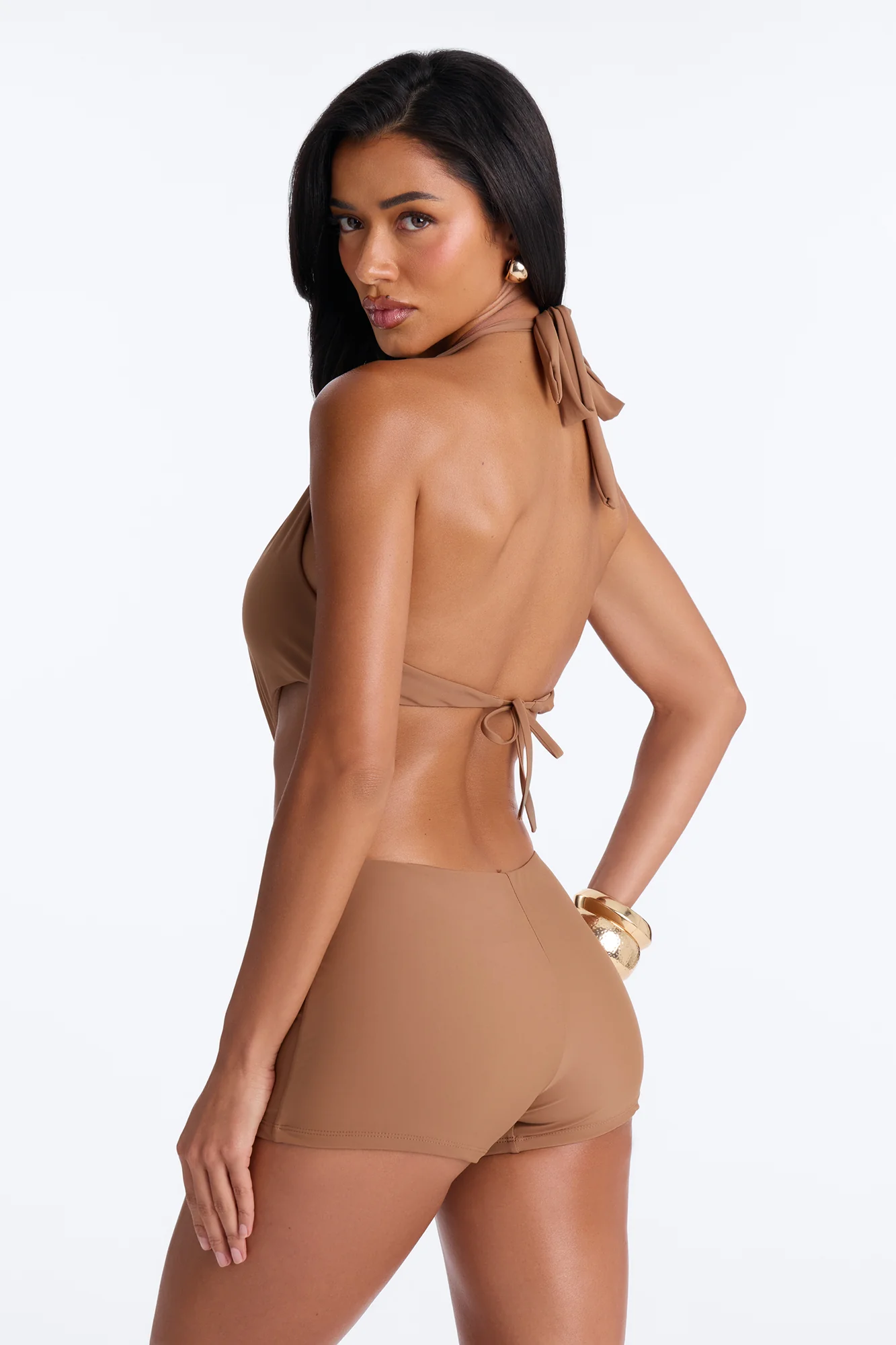 Unforgettable 1 Piece Plunge Cut Out Swimsuit Romper - Brown - Image 3