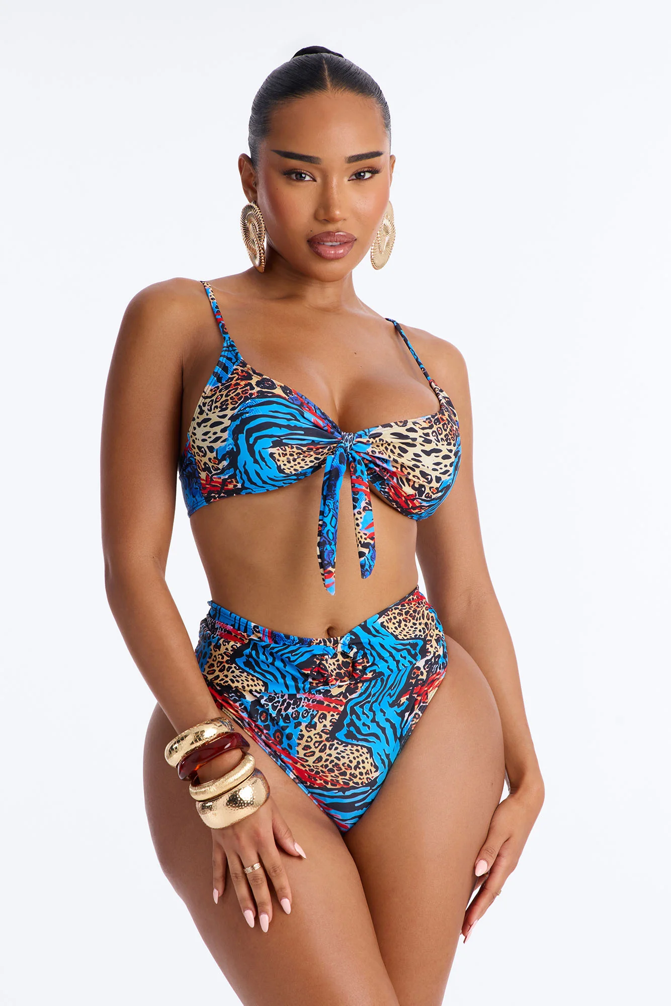 Unstoppable Wild Paradise Animal Front Tie Ruching High Waist Midi 3 Piece Bikini Komono Set - Blue/combo