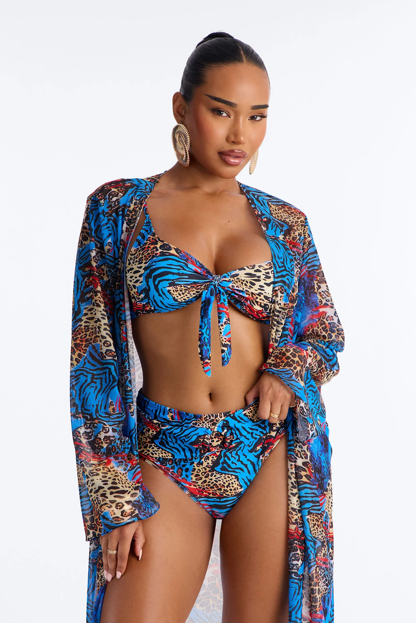 Unstoppable Wild Paradise Animal Front Tie Ruching High Waist Midi 3 Piece Bikini Komono Set - Blue/combo - Image 4