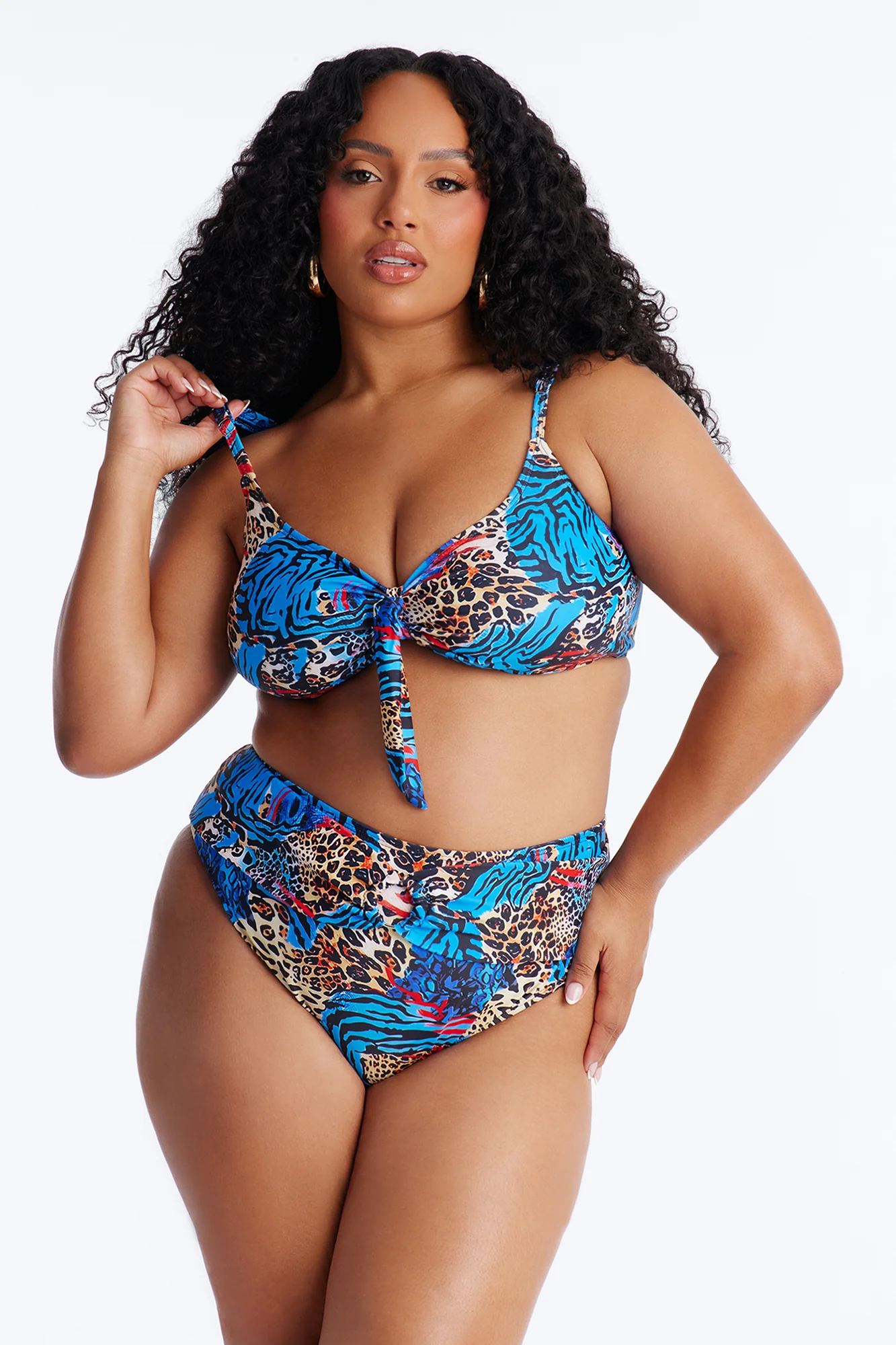 Unstoppable Wild Paradise Animal Front Tie Ruching High Waist Midi 3 Piece Bikini Komono Set - Blue/combo - Image 8