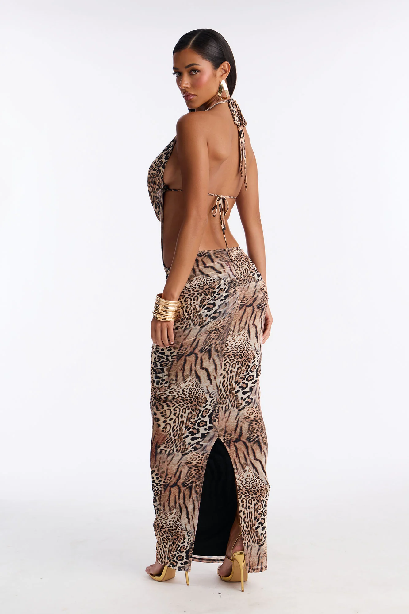 Untamable Energy Cowl Neck Mesh Maxi Dress - Brown/combo - Image 4