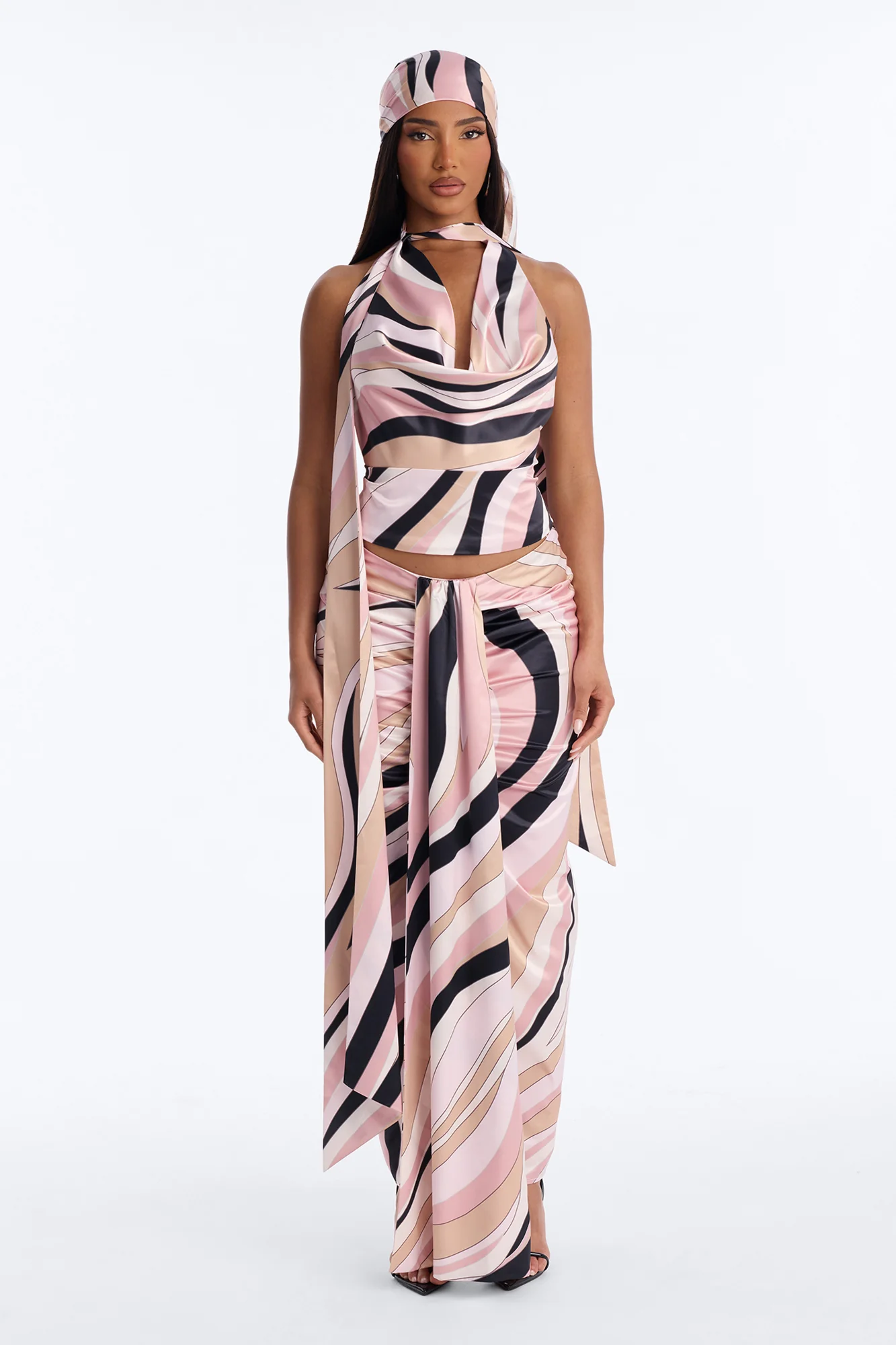 Untamed Abstract Satin Cowl Top And Head Scarf - Pink/combo