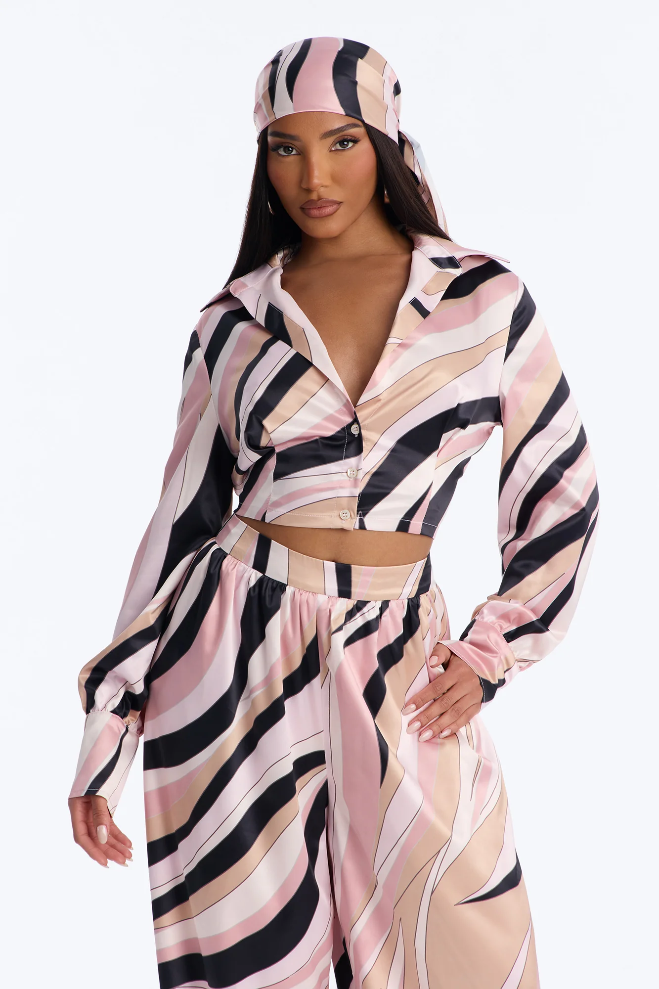 Untamed Abstract Satin Pant Set And Head Scarf - Pink/combo - Image 2