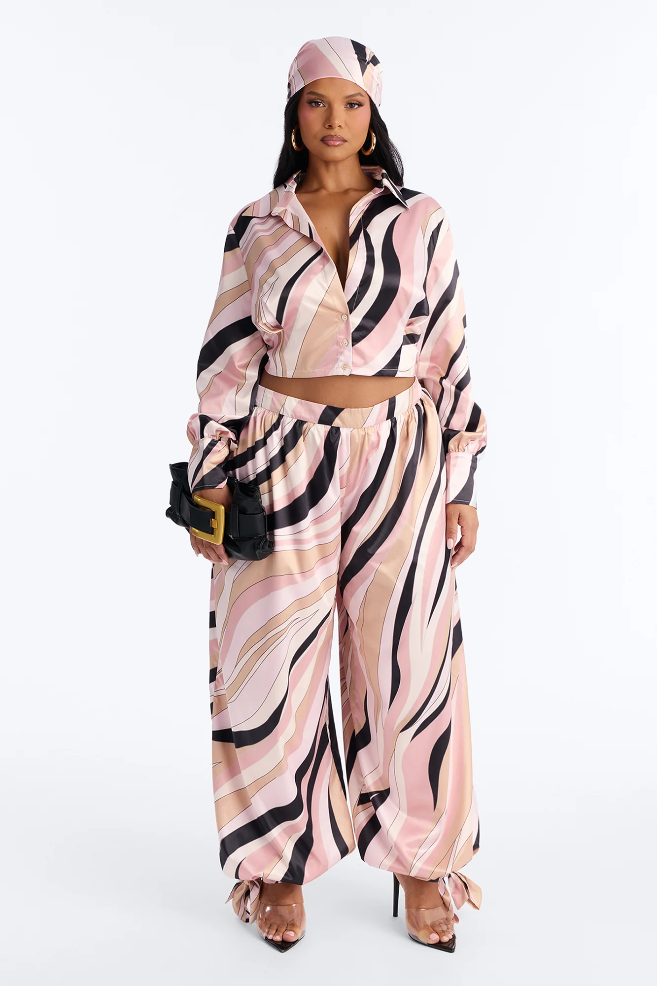 Untamed Abstract Satin Pant Set And Head Scarf - Pink/combo - Image 4