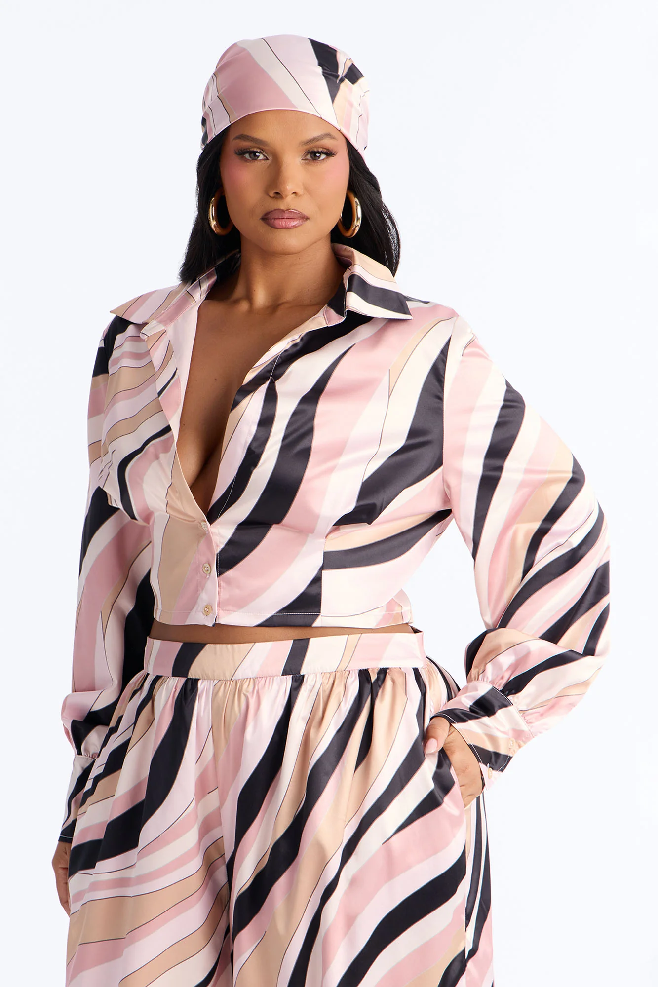 Untamed Abstract Satin Pant Set And Head Scarf - Pink/combo - Image 5